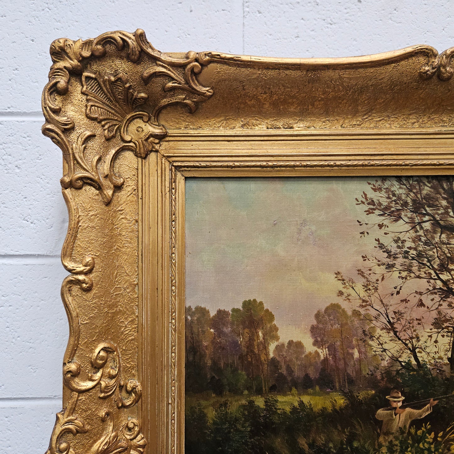 Sourced from France we have a beautiful signed oil on canvas "hunting scene" painting. In a decorative gilt frame and in good original condition. Please see photos as they form part of the description and condition.