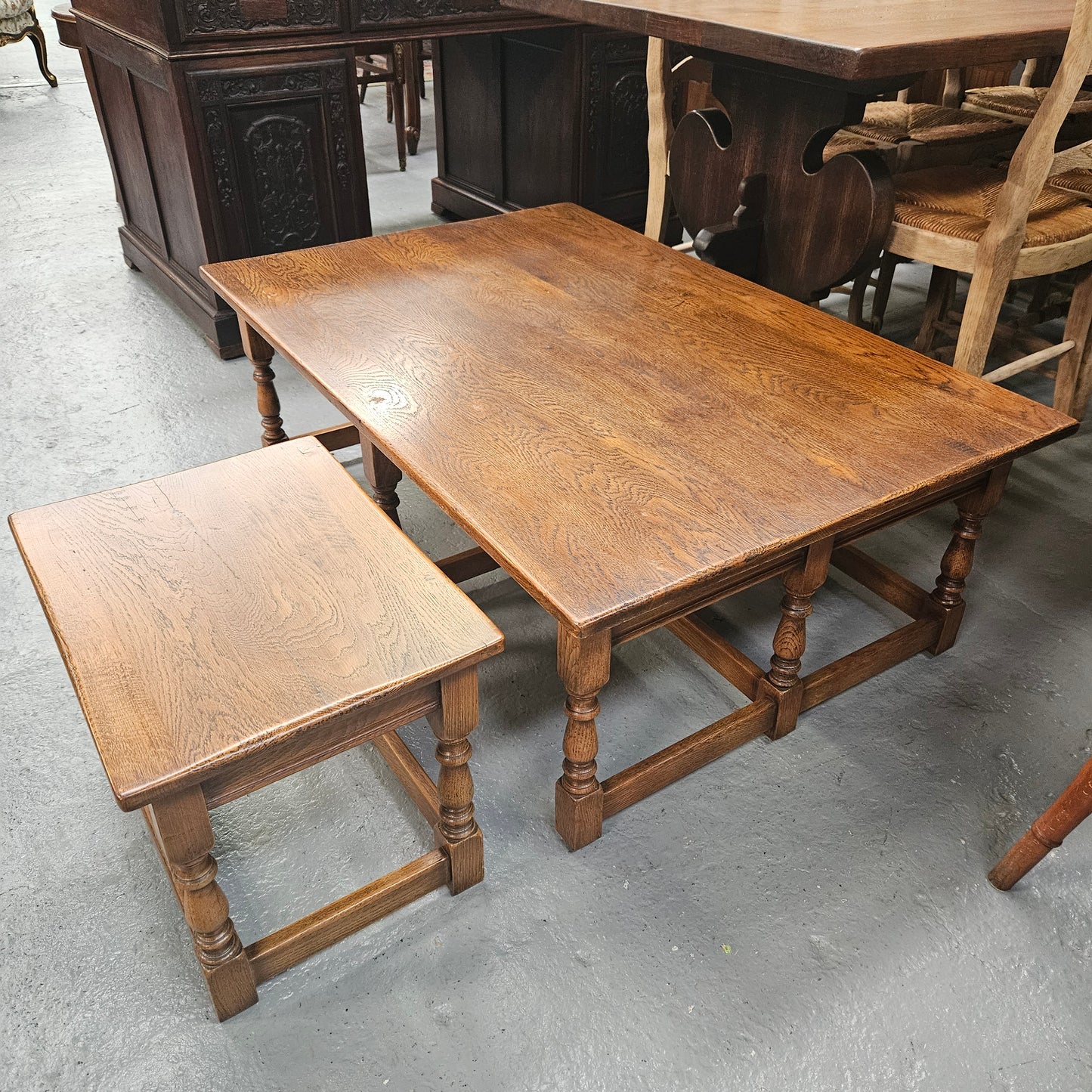 Large Period Style French Oak Coffee Table With Two Pull Out Side Tables