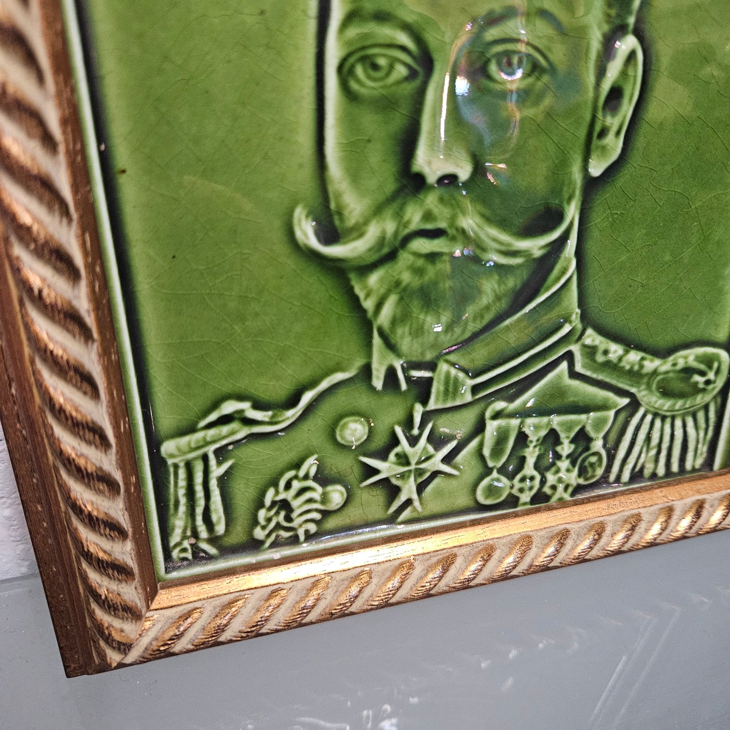 Pair Rare Edwardian Framed Tiles King Georg V & Queen Mary