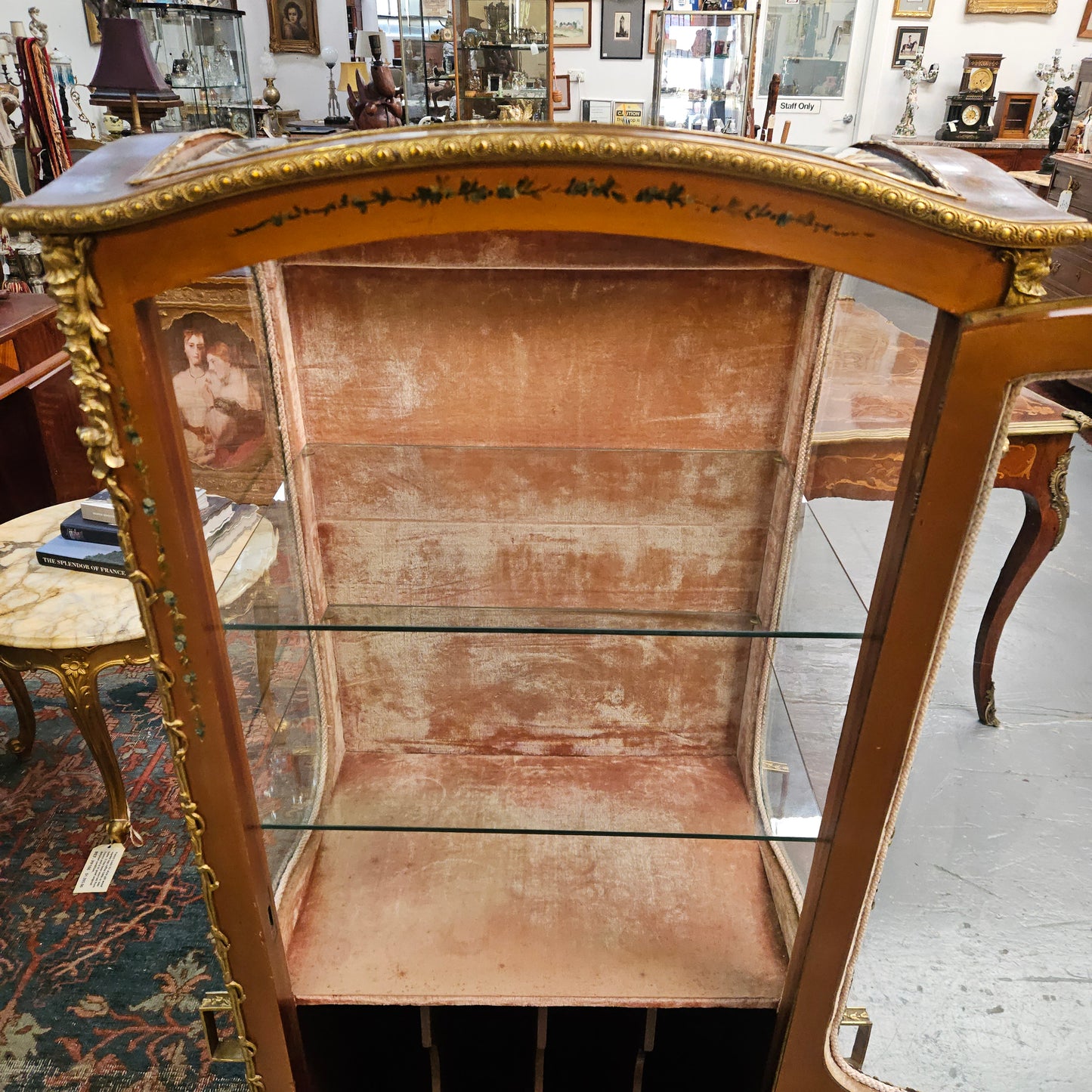 Stunning Rare 19th Century French Salon style vitrine/display cabinet. It has beautifully hand-painted panels and decoration all over with the original two glass shelves inside. It is circa 1900. In very good restored condition.
