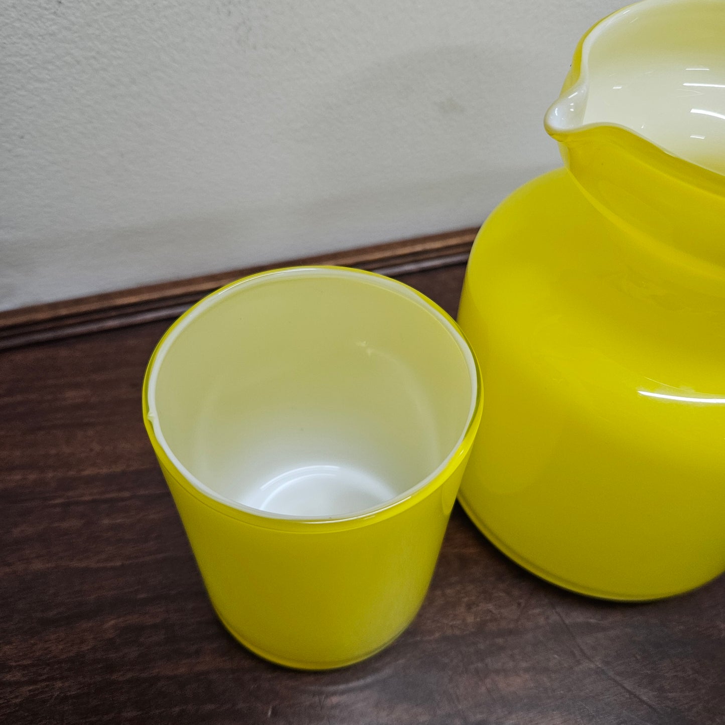Vintage Yellow Blown Glass Jug and Glass Cup