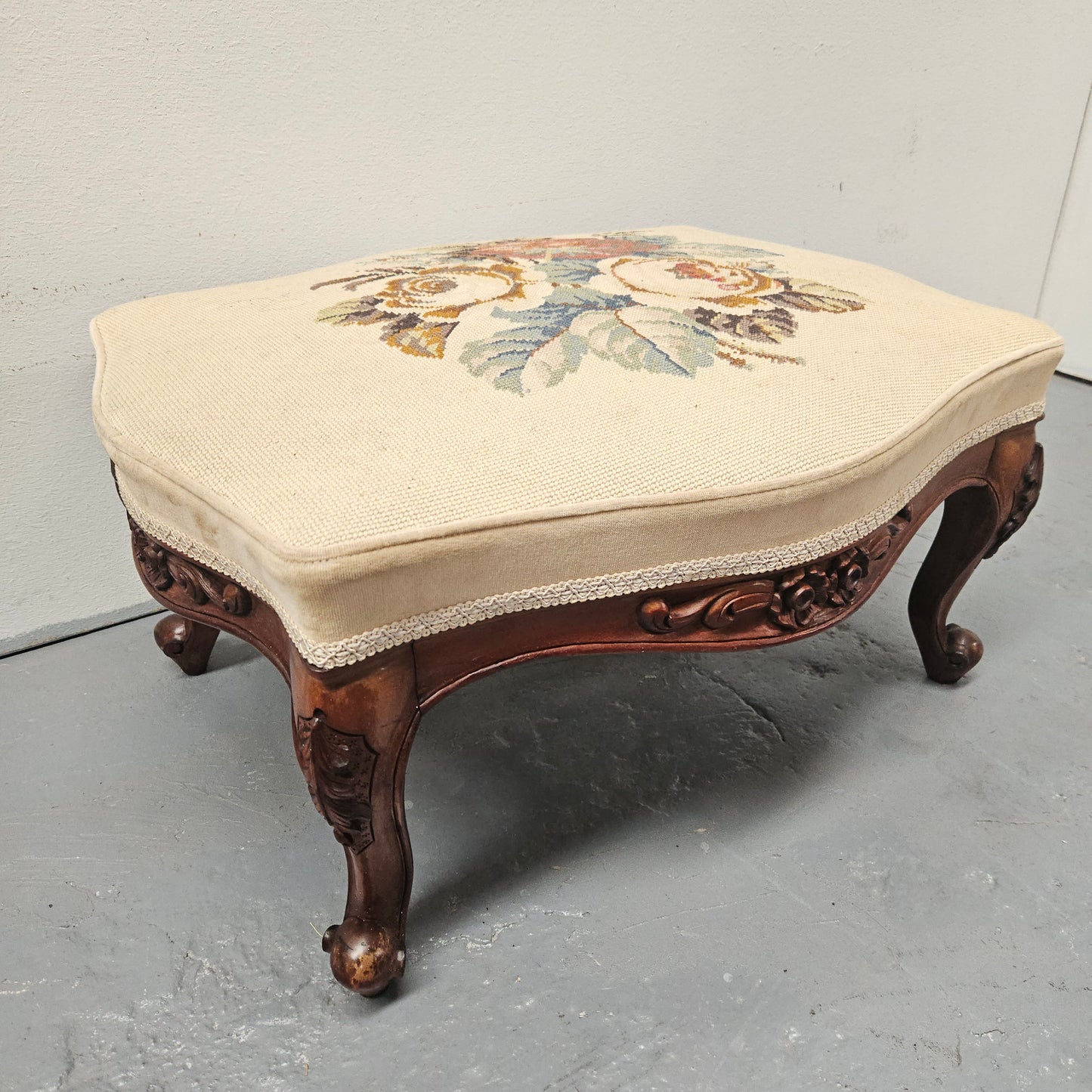 French Mahogany Louis XV Style Footstool With Floral Tapestry