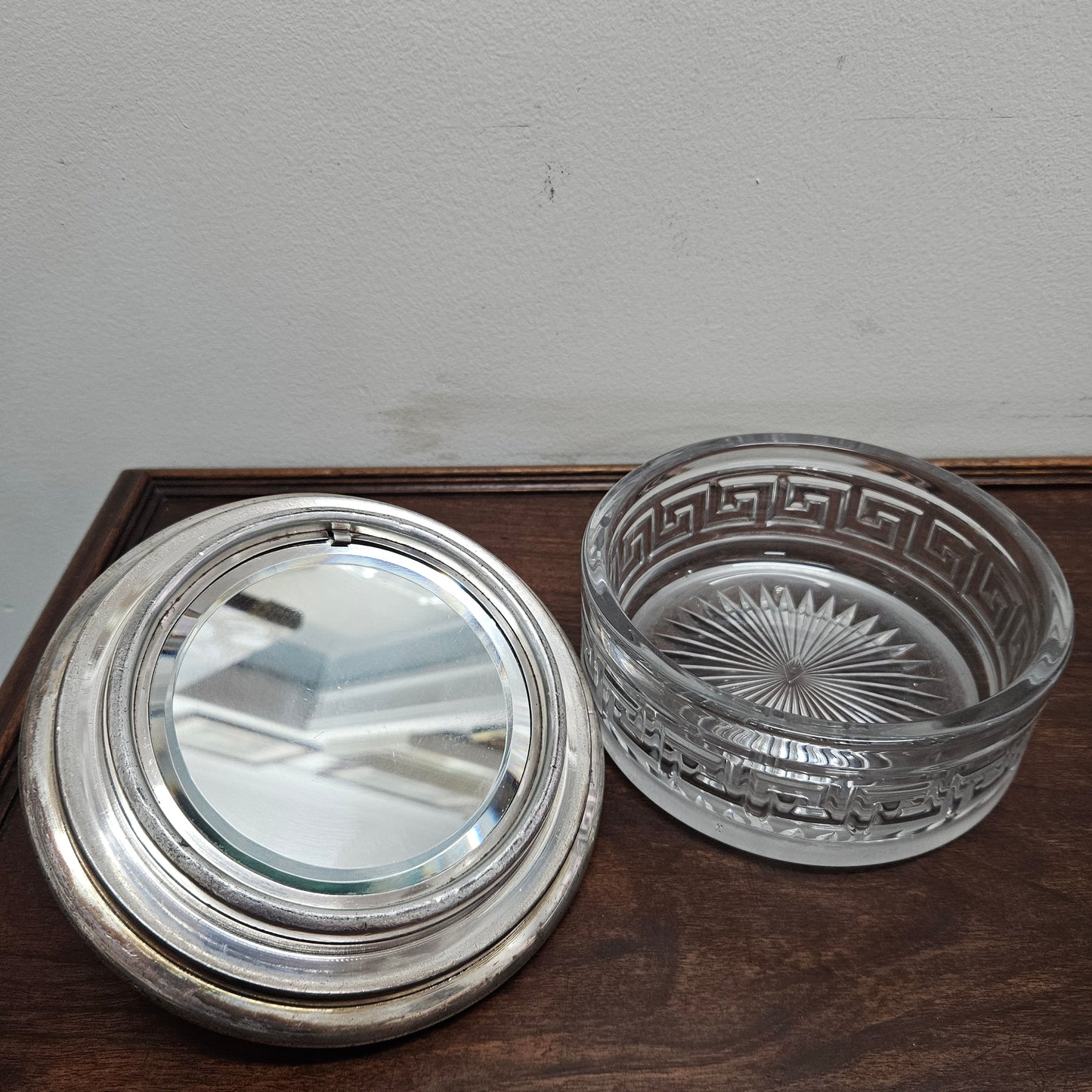 Unusual Victorian Vanity Glass Container with "Greek Key Pattern to Base" with a Silver Lid & Internal Mirror