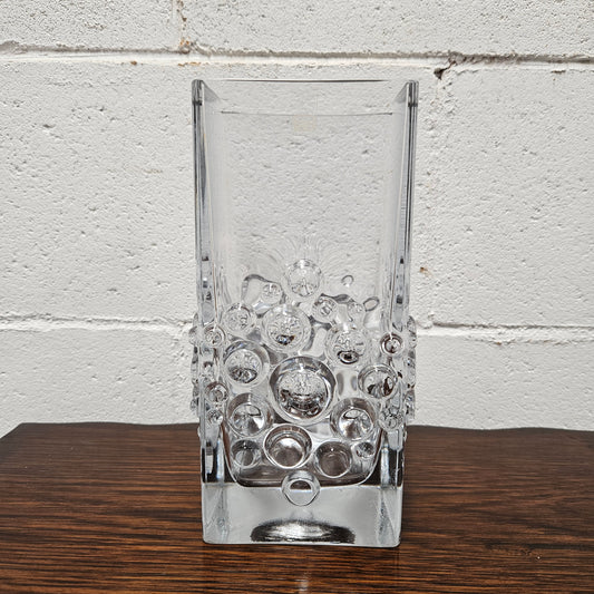 Riihimaen " Lasi Stella Polaris" glass vase made in Finland with its original sticker. In good original condition with no chips or cracks.