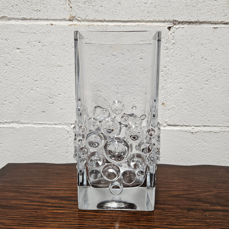 Riihimaen " Lasi Stella Polaris" glass vase made in Finland with its original sticker. In good original condition with no chips or cracks.