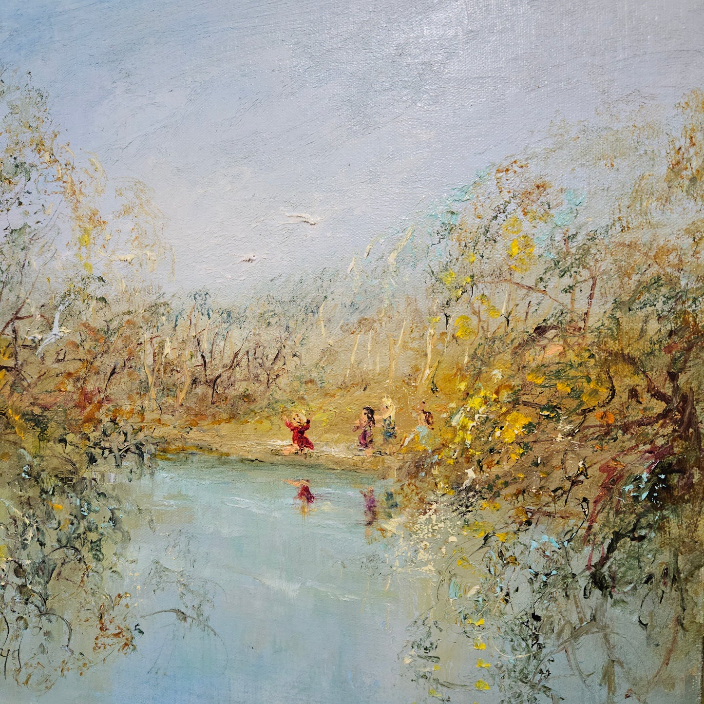 David Boyd Oil on Canvas "Children playing by the River with Birds"