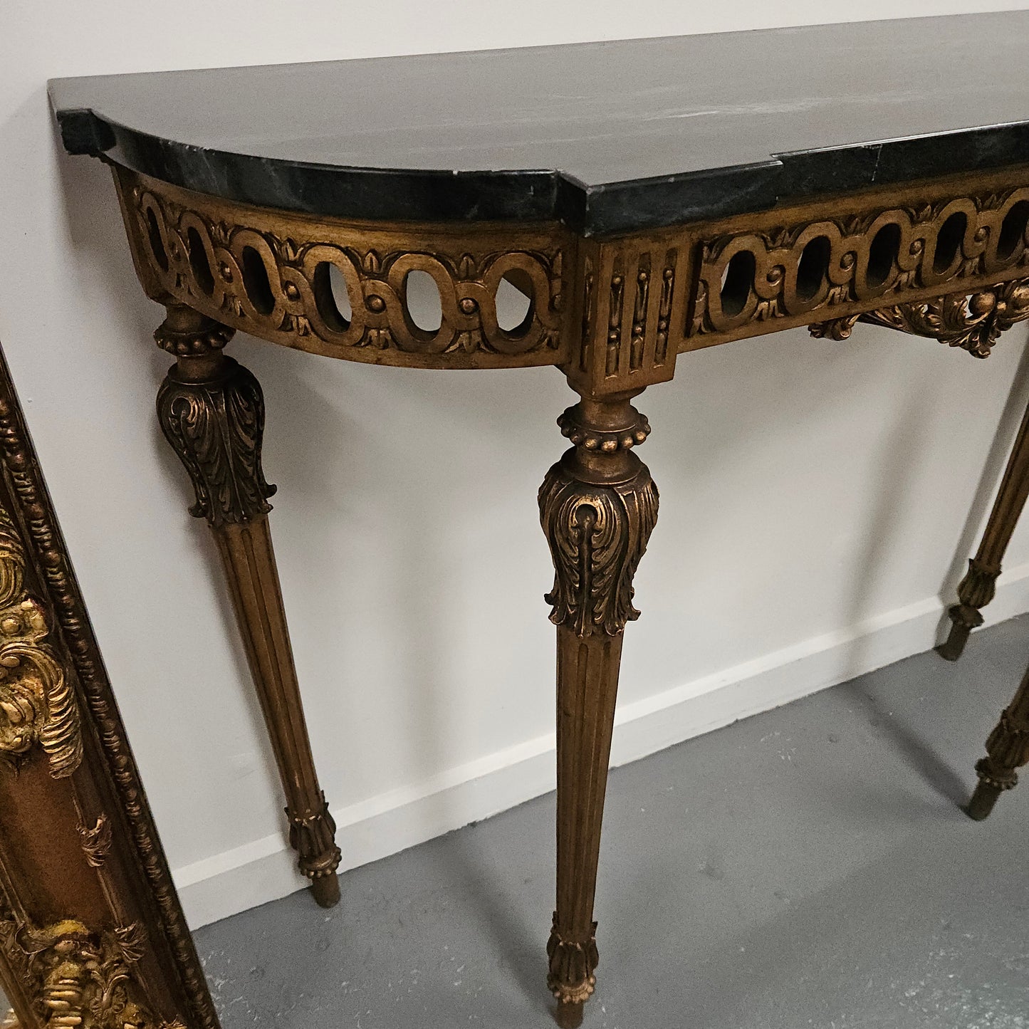 French Louis 16th Style Gilt & Black Marble Top Console Table