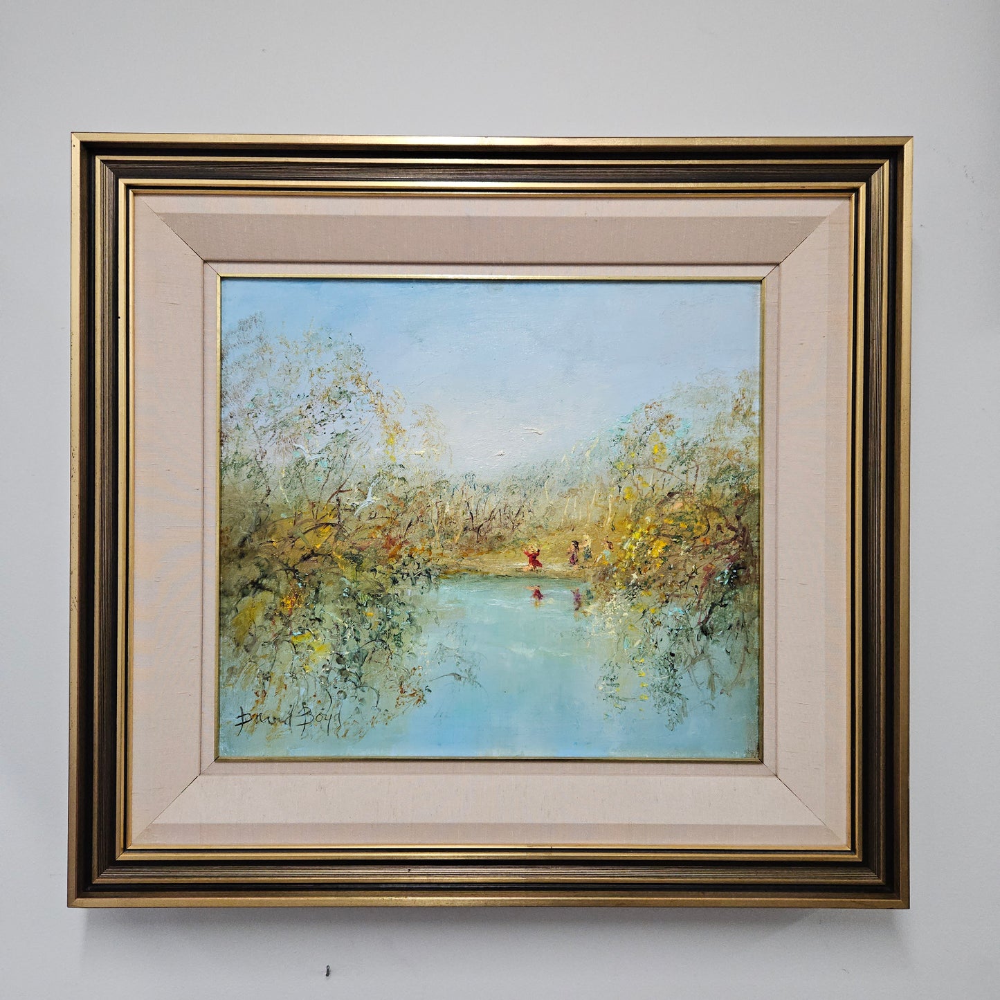 Vibrant David Boyd oil on canvas "Children playing by the River with Birds". In good original detailed condition. Height- 40 cm-Width- 45 cm-