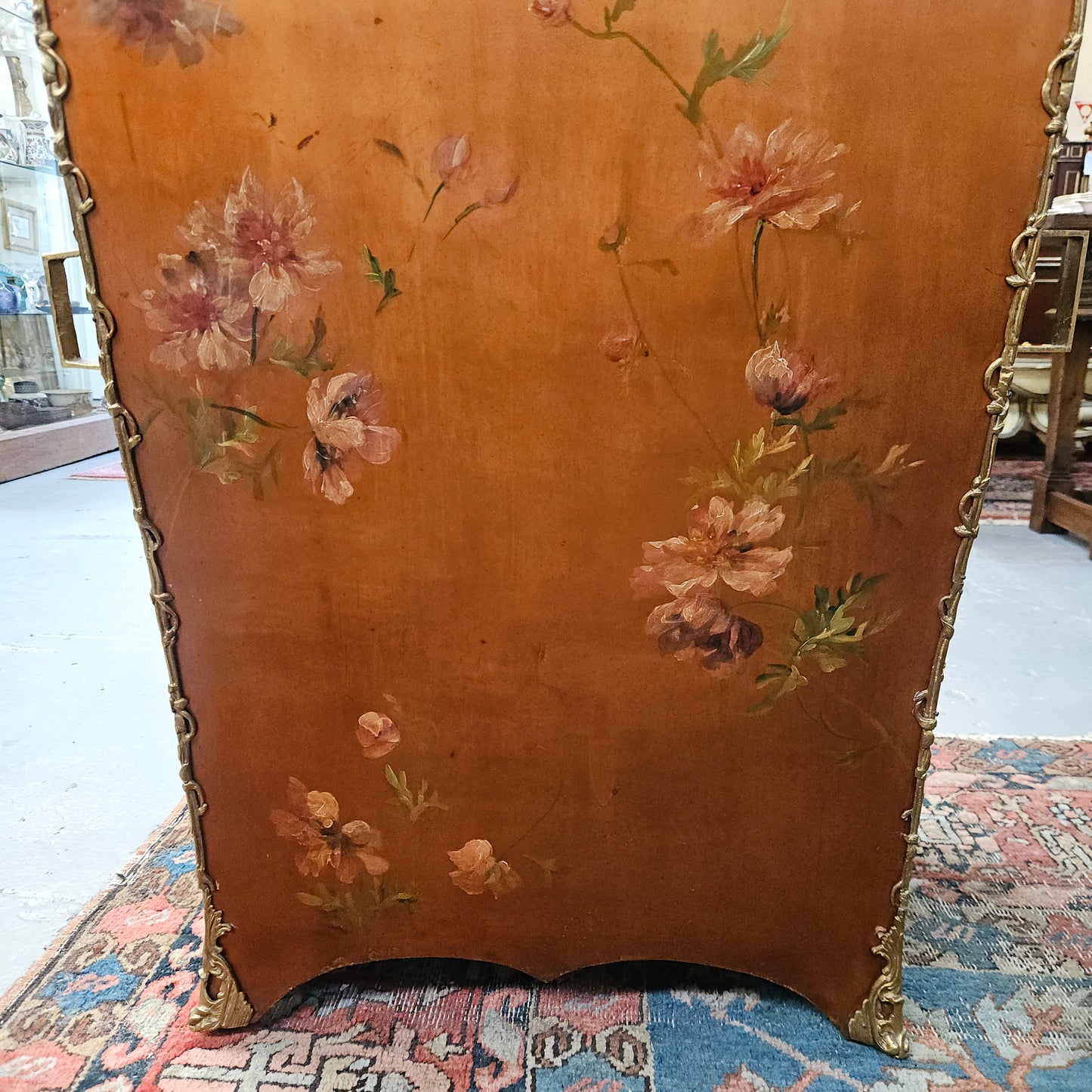 Stunning Rare 19th Century French Salon style vitrine/display cabinet. It has beautifully hand-painted panels and decoration all over with the original two glass shelves inside. It is circa 1900. In very good restored condition.