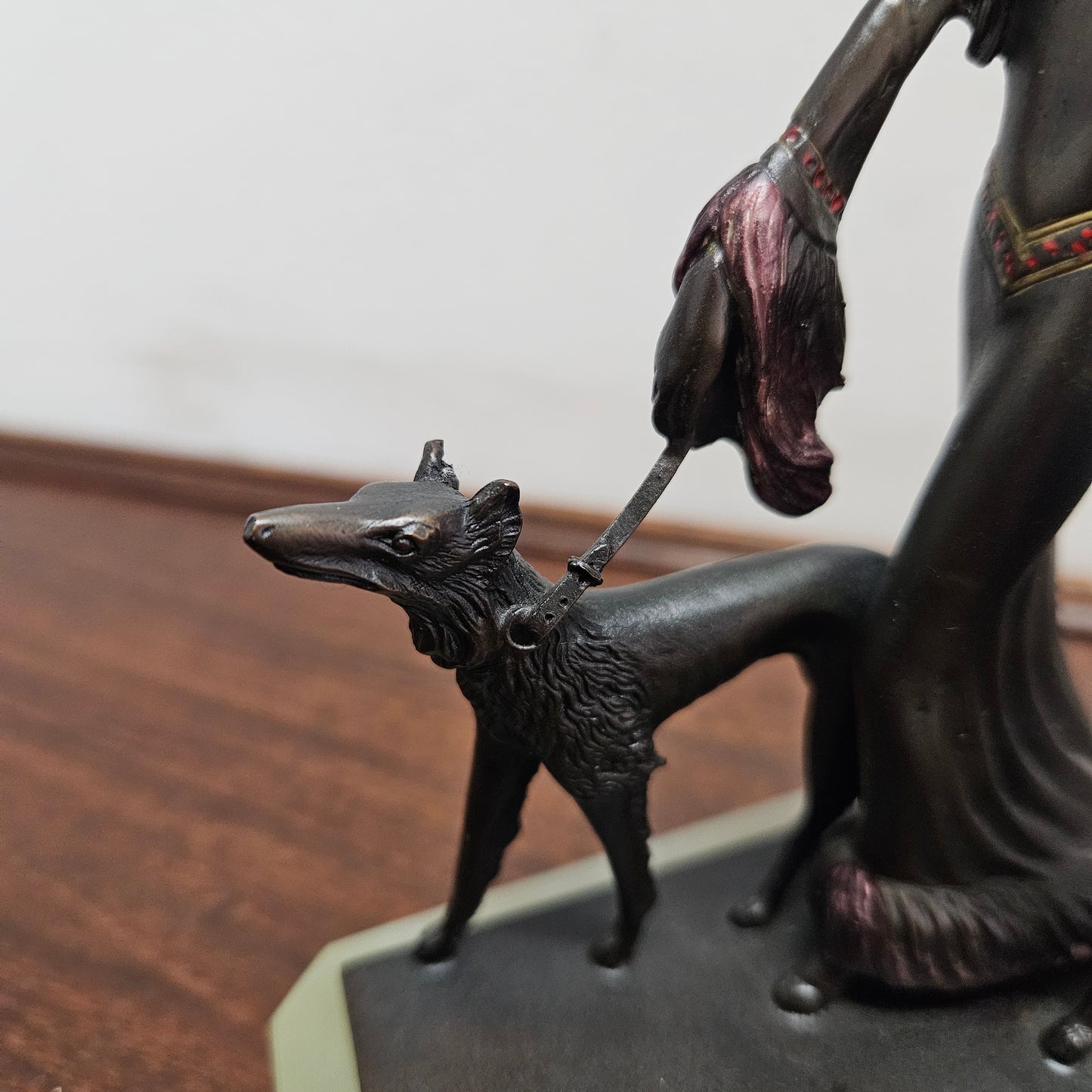 Small Art Deco Bronze Lady With 2 Borzoi Dogs