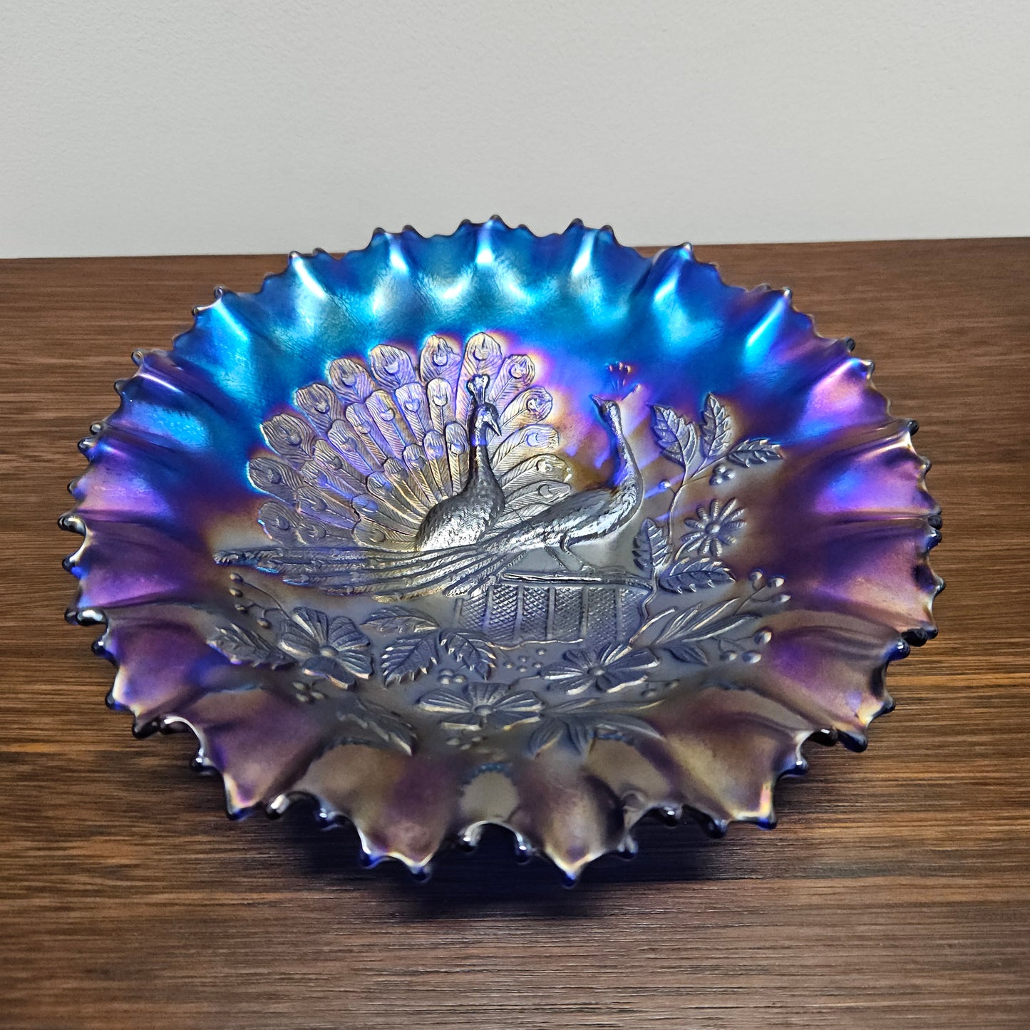 Superb Electric Blue Carnival Glass Bowl Northwood Peacocks