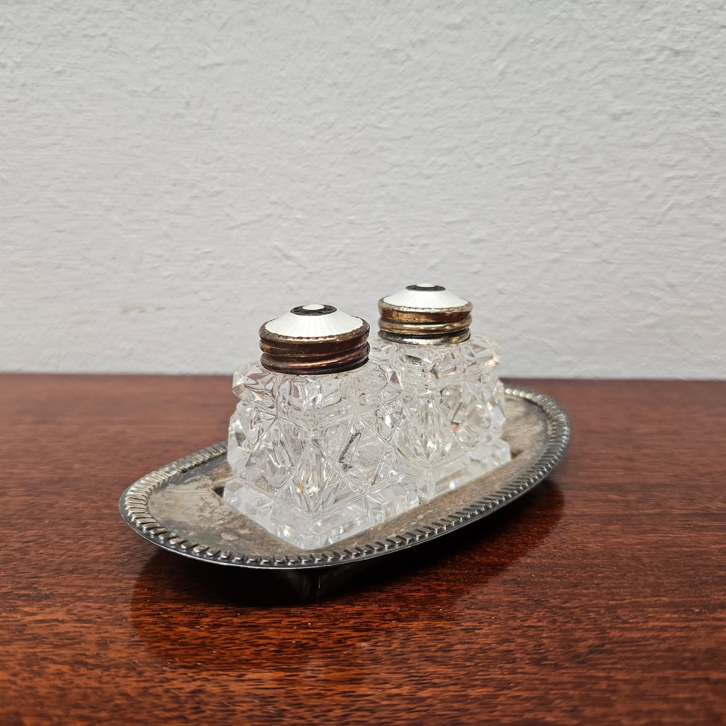 David Andersen Norway Crystal Sterling Silver Enamel Salt & Pepper Shakers On Tray