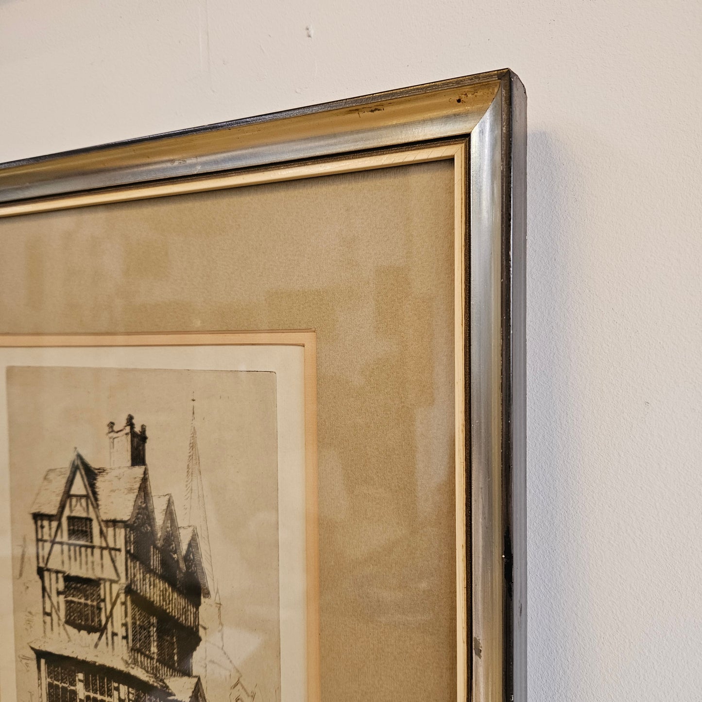 Framed Etching "Black and White Houses Hereford" by E Mayberry