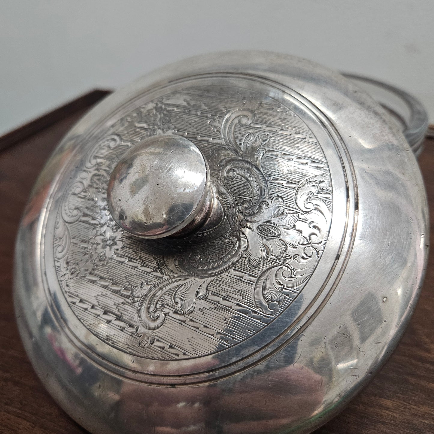 Unusual Victorian Vanity Glass Container with "Greek Key Pattern to Base" with a Silver Lid & Internal Mirror