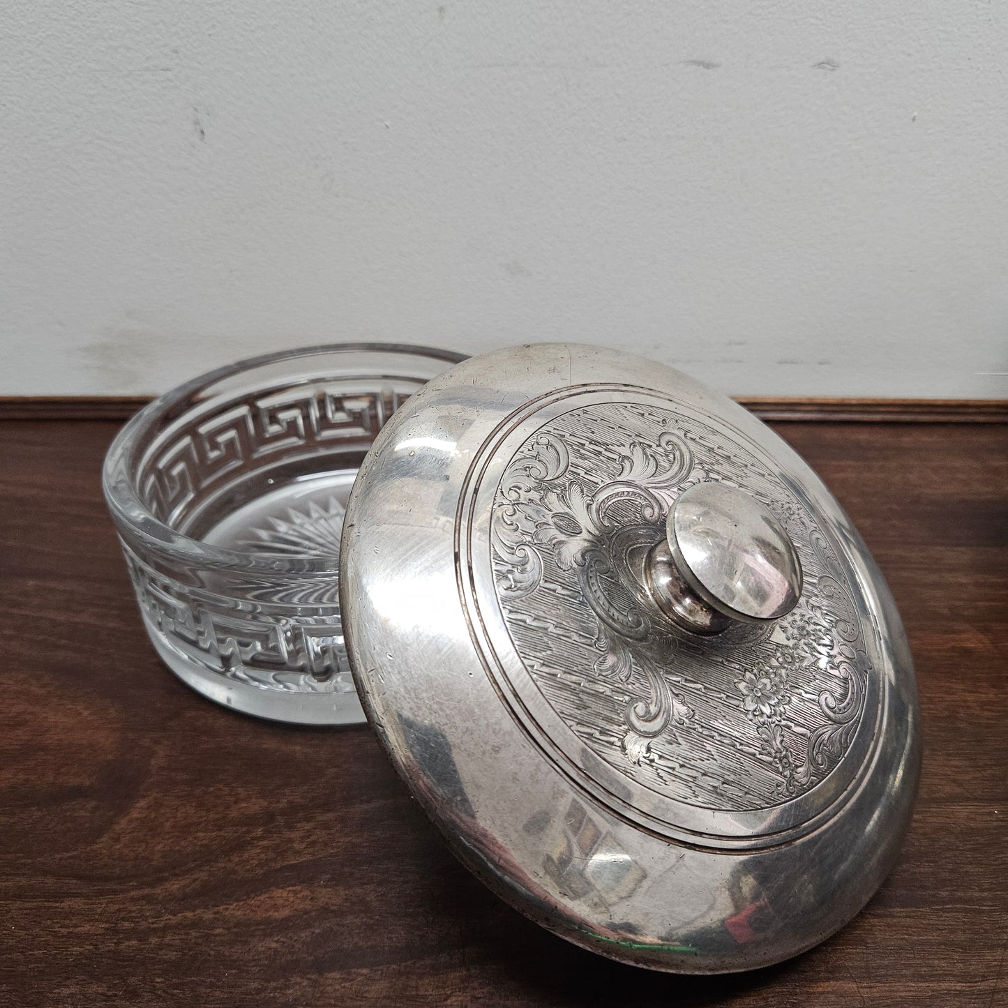 Unusual Victorian Vanity Glass Container with "Greek Key Pattern to Base" with a Silver Lid & Internal Mirror