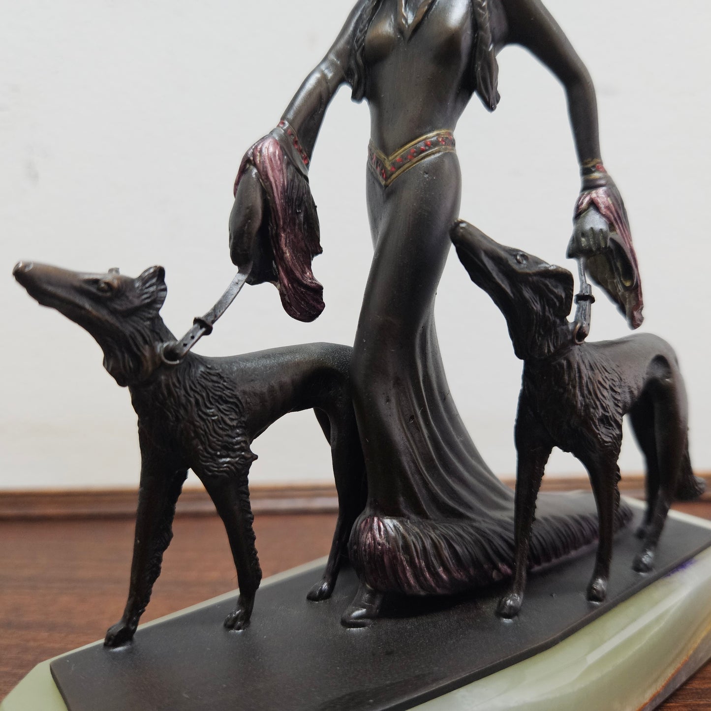 Small Art Deco Bronze Lady With 2 Borzoi Dogs
