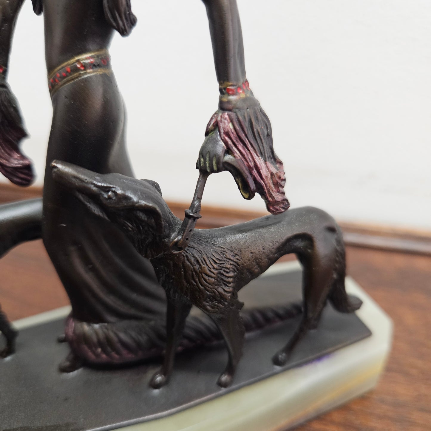 Small Art Deco Bronze Lady With 2 Borzoi Dogs