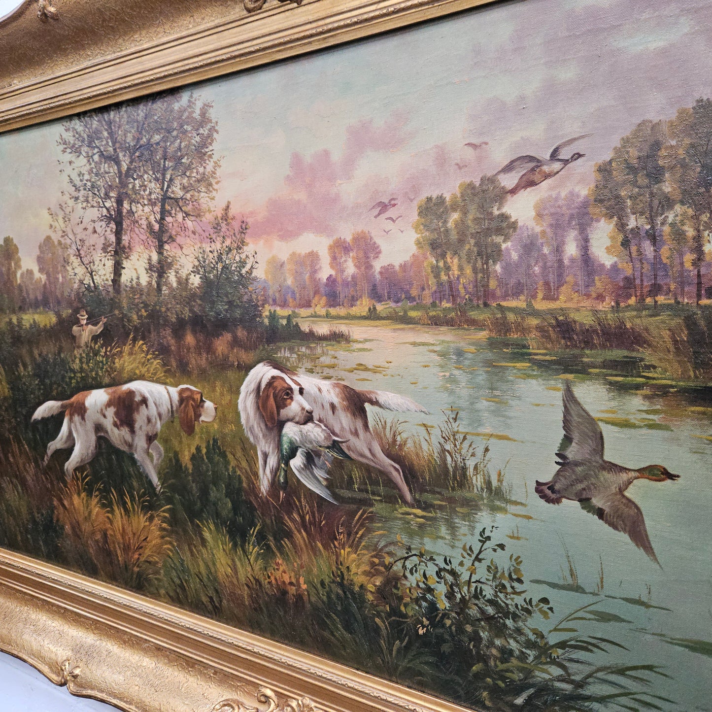 Sourced from France we have a beautiful signed oil on canvas "hunting scene" painting. In a decorative gilt frame and in good original condition. Please see photos as they form part of the description and condition.