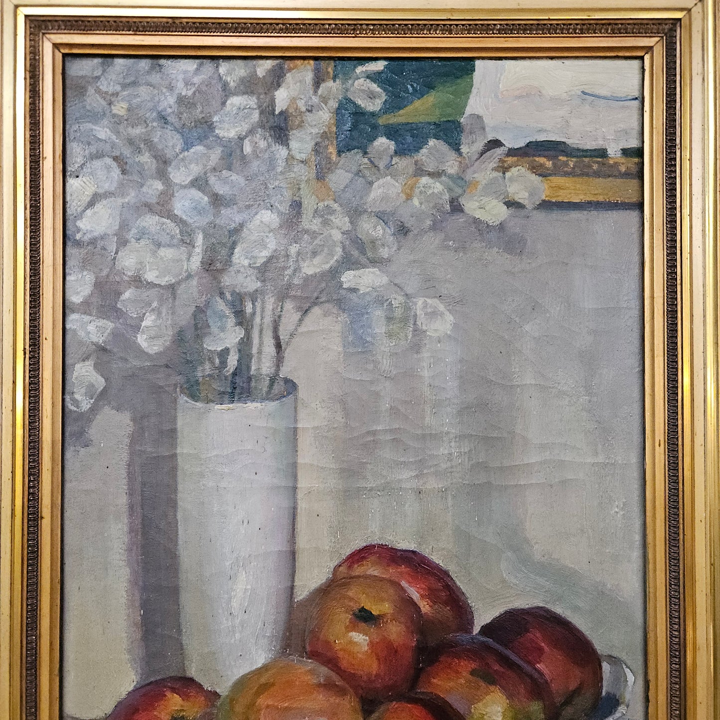 Stunning signed still life oil on canvas painting of a fruit bowl on table with flower vase in a decorative gilt wooden frame. Imported from France and in good original condition.