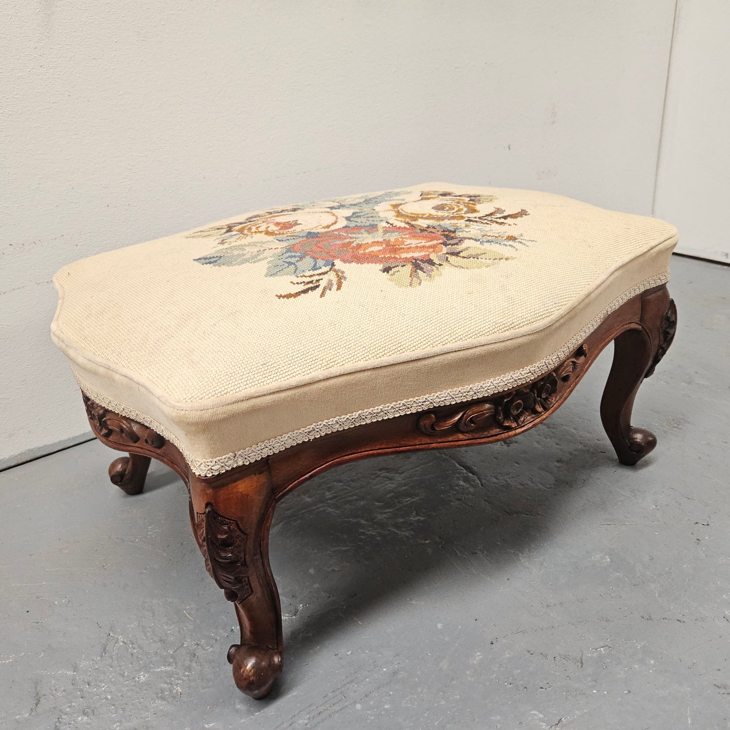 French Mahogany Louis XV Style Footstool With Floral Tapestry