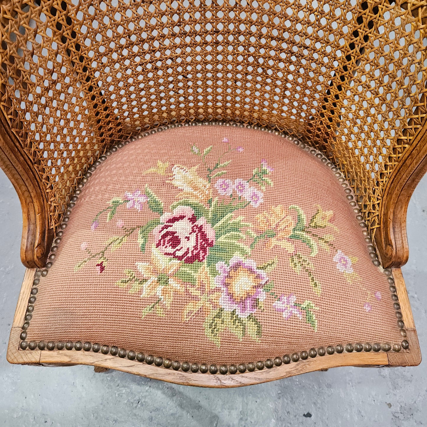 French Oak Louis XV Style Tapestry Upholstered Fauteuil