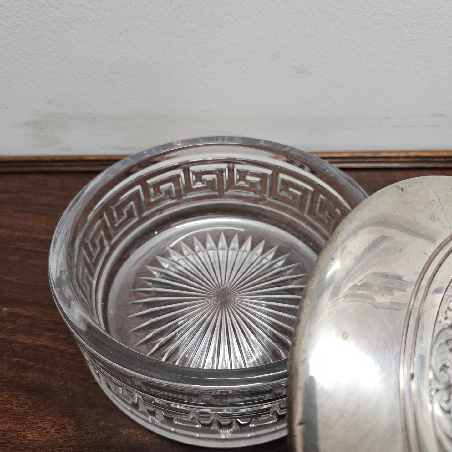Unusual Victorian Vanity Glass Container with "Greek Key Pattern to Base" with a Silver Lid & Internal Mirror