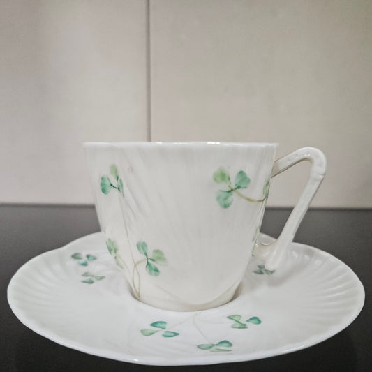 Belleek Coffee Cup and Saucer In Shell Pattern
