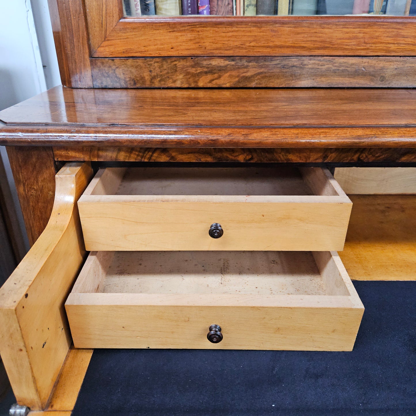 19th Century French Figured Walnut Two Door Bookcase Secretaire
