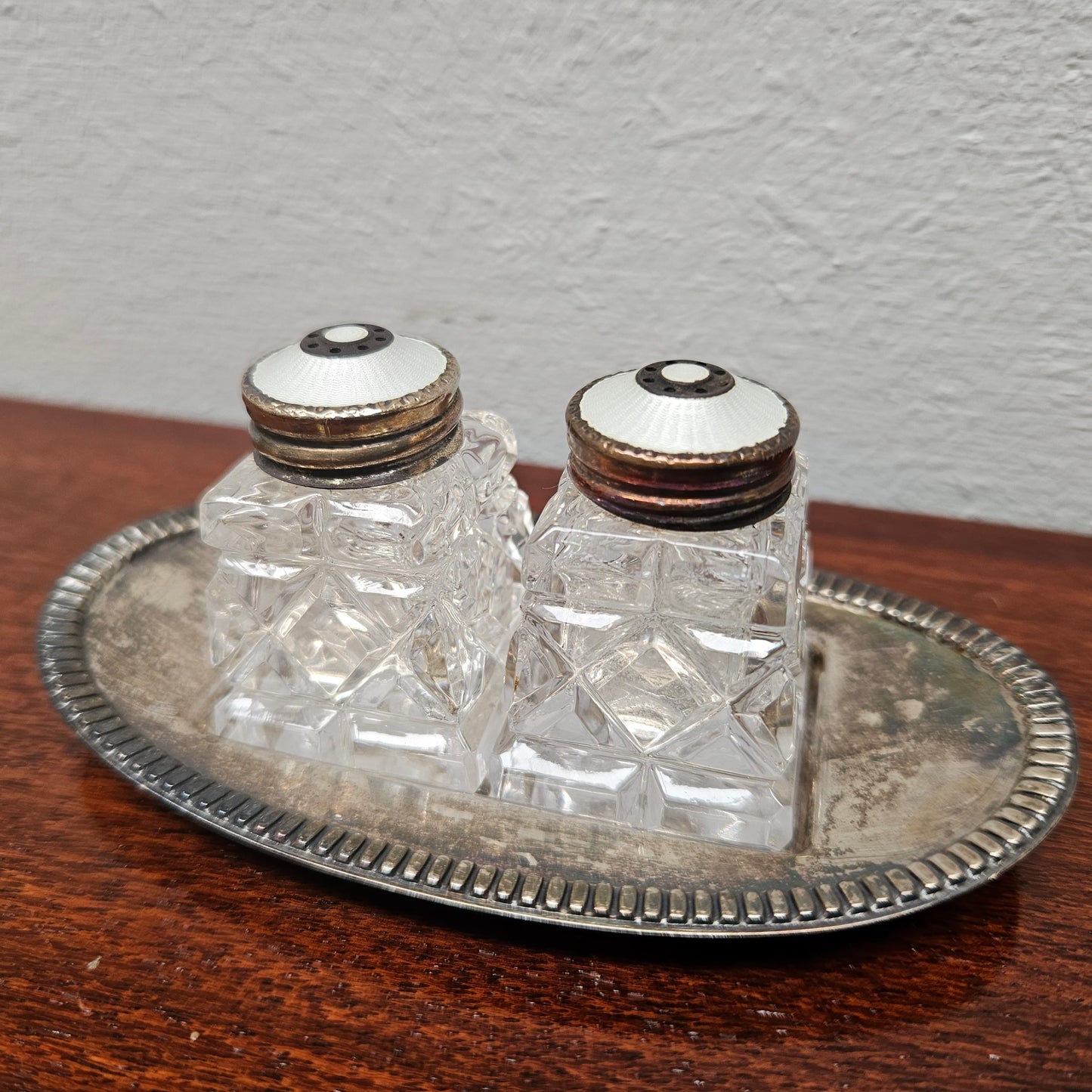 David Andersen Norway Crystal Sterling Silver Enamel Salt & Pepper Shakers On Tray