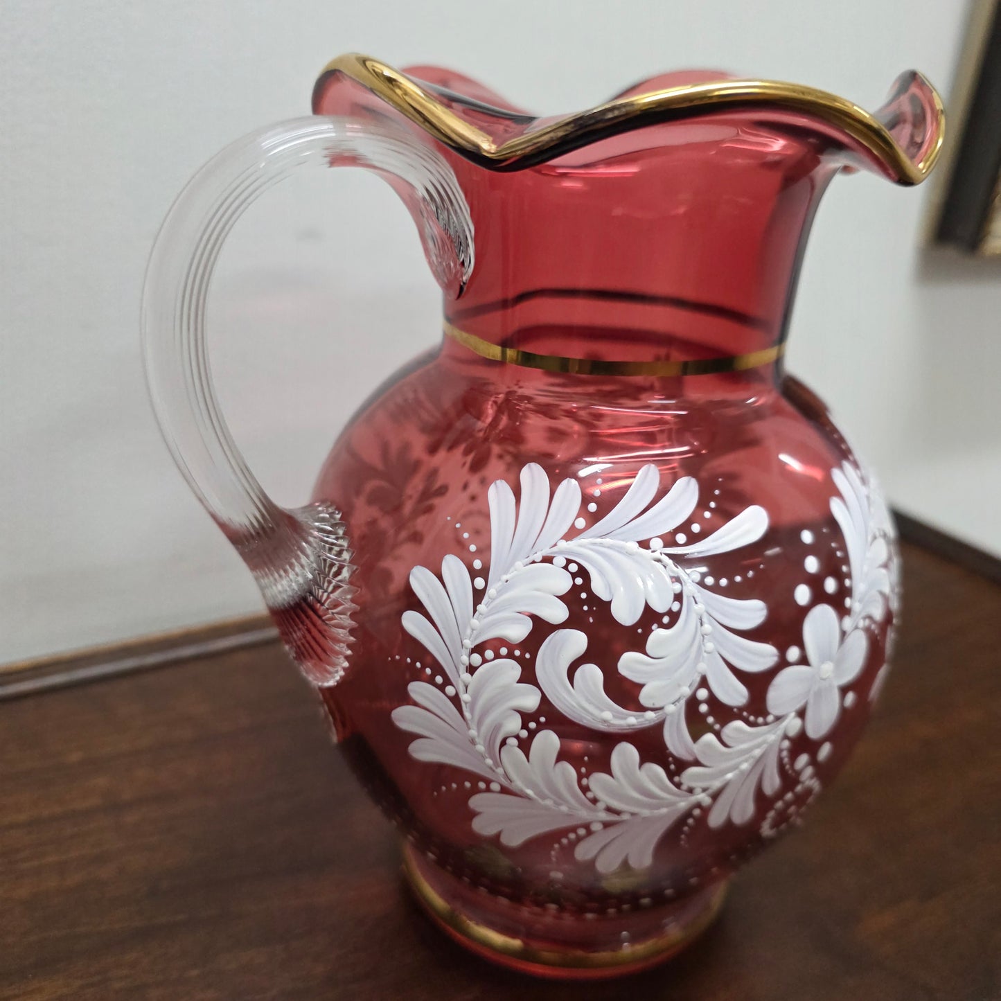 Vintage Ruby & Enamel Painted Glass Jug