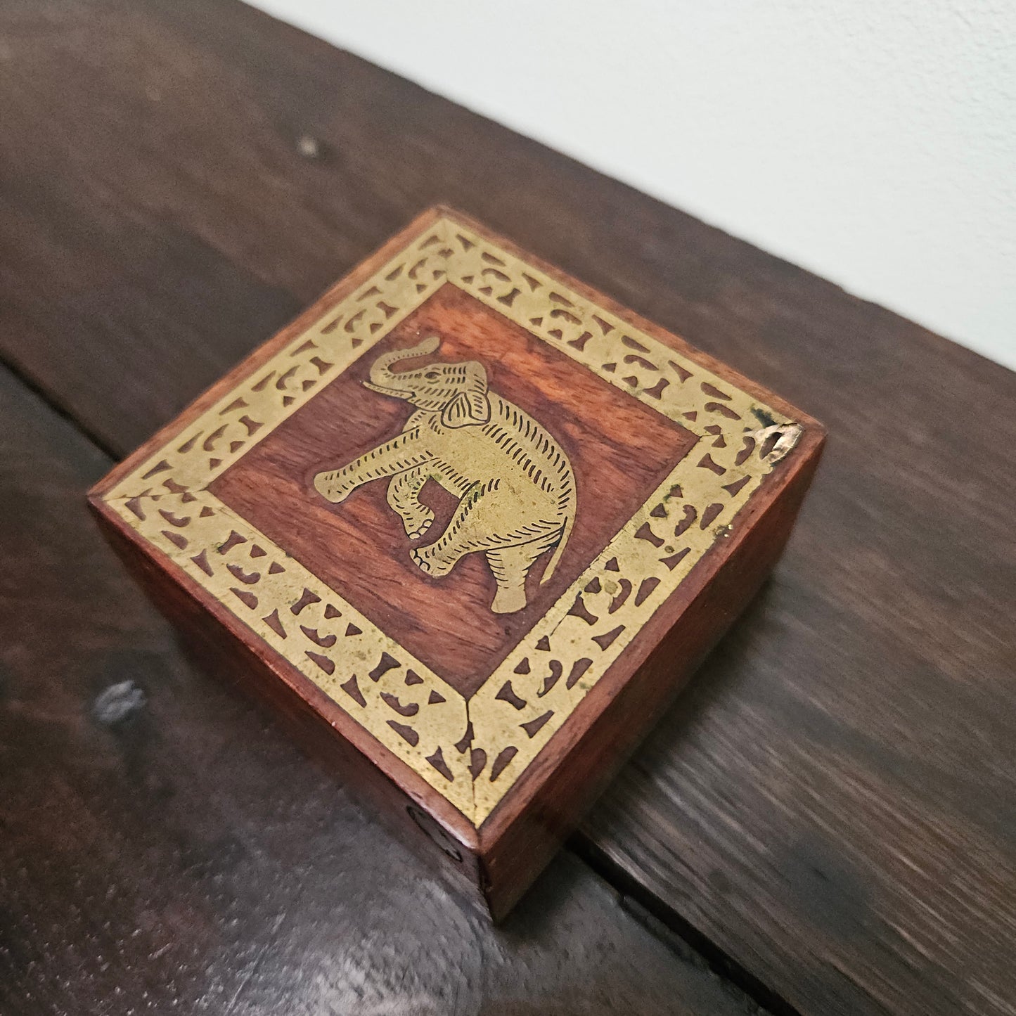 Vintage Brass Inlaid Wooden Hinged Trinket Box