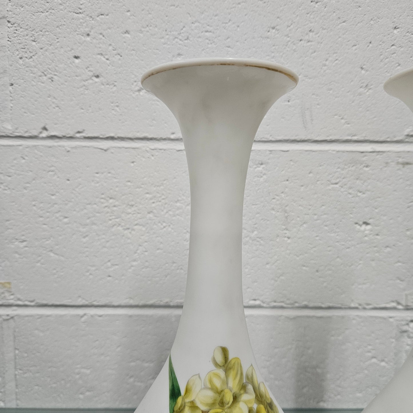 Pair Of Hand Painted Antique Milk Glass Vases Featuring Daffodils