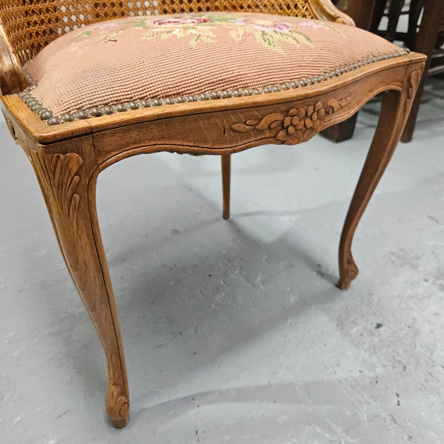 French Oak Louis XV Style Tapestry Upholstered Fauteuil