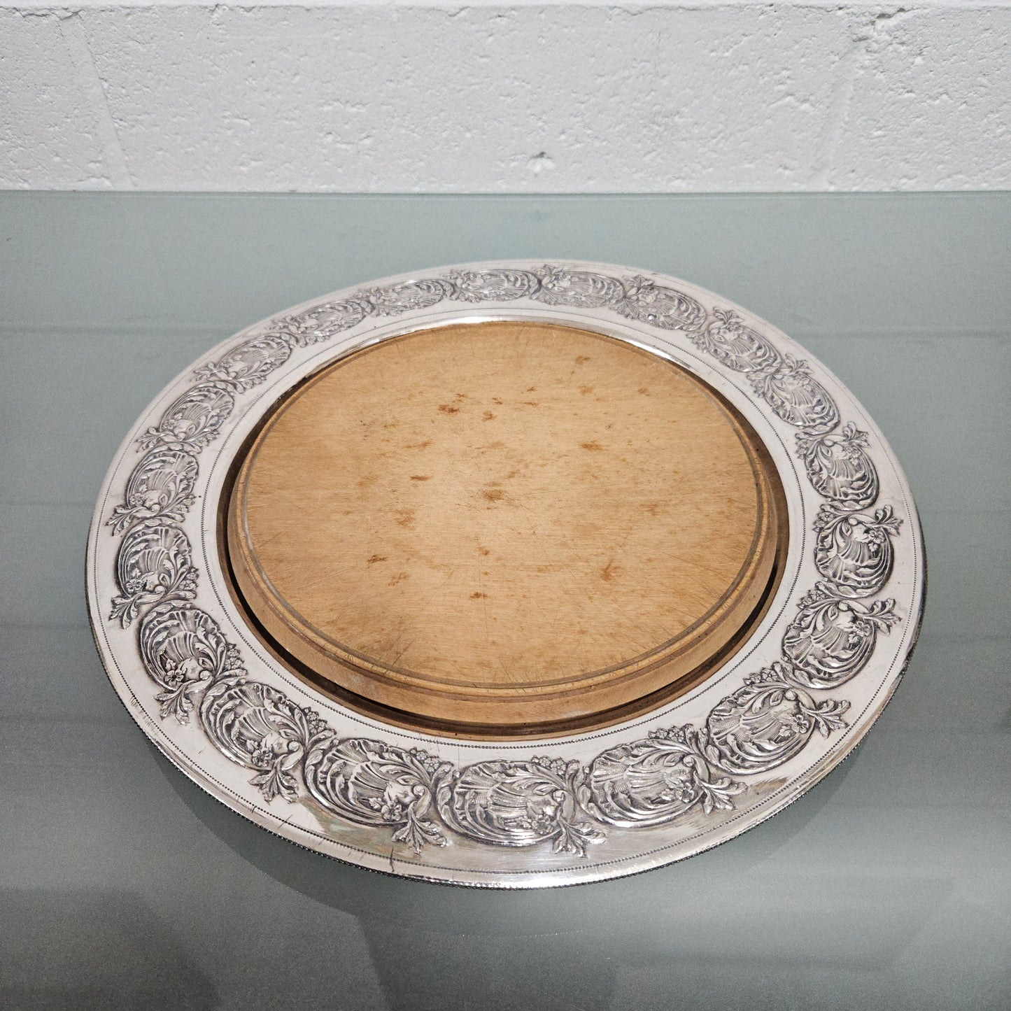 Edwardian Silver and Wooden Bread Cutting Board