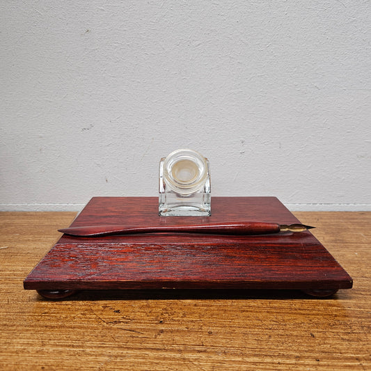 Antique Mahogany Ink Stand With Pen