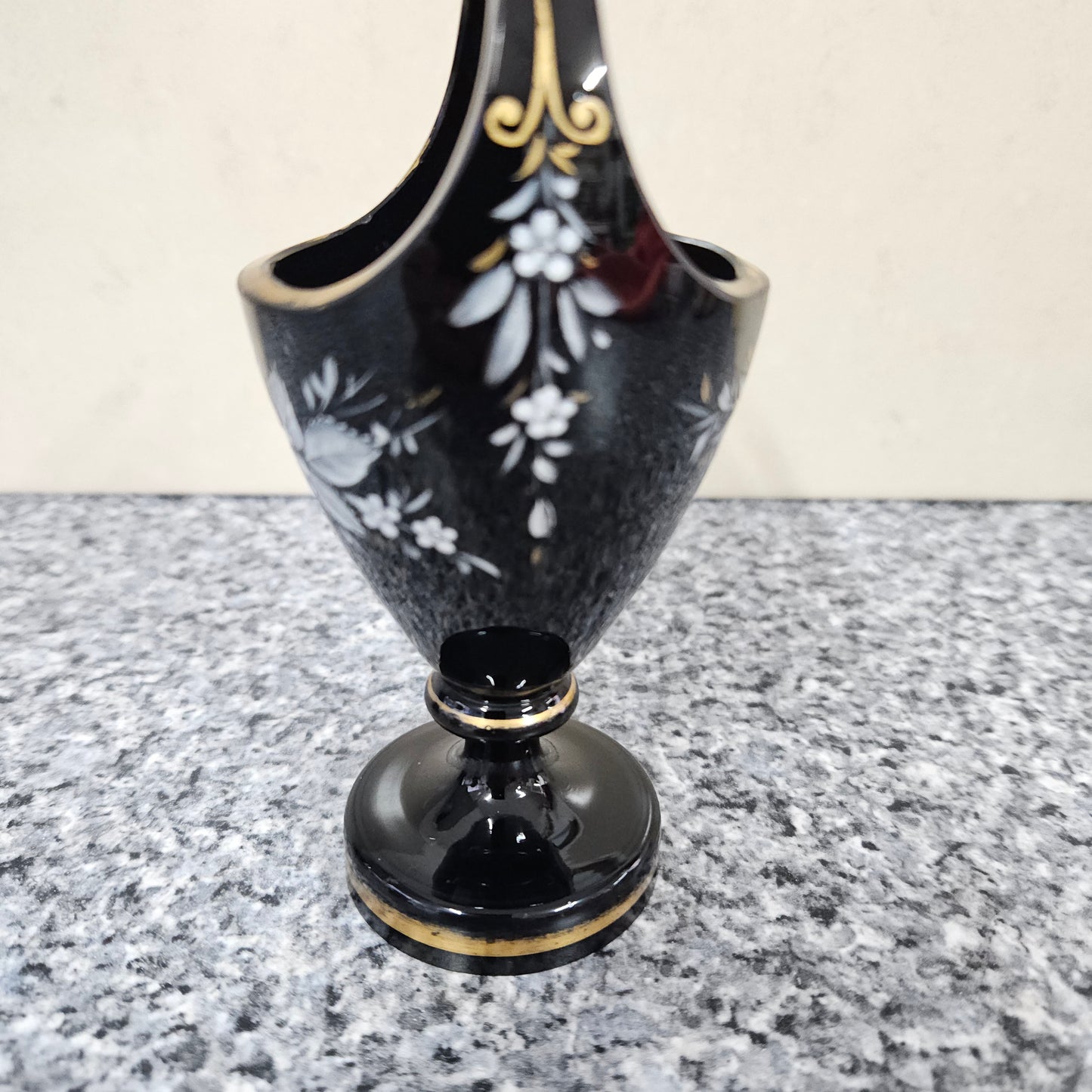 Victorian Enamel Black Glass Basket Vase