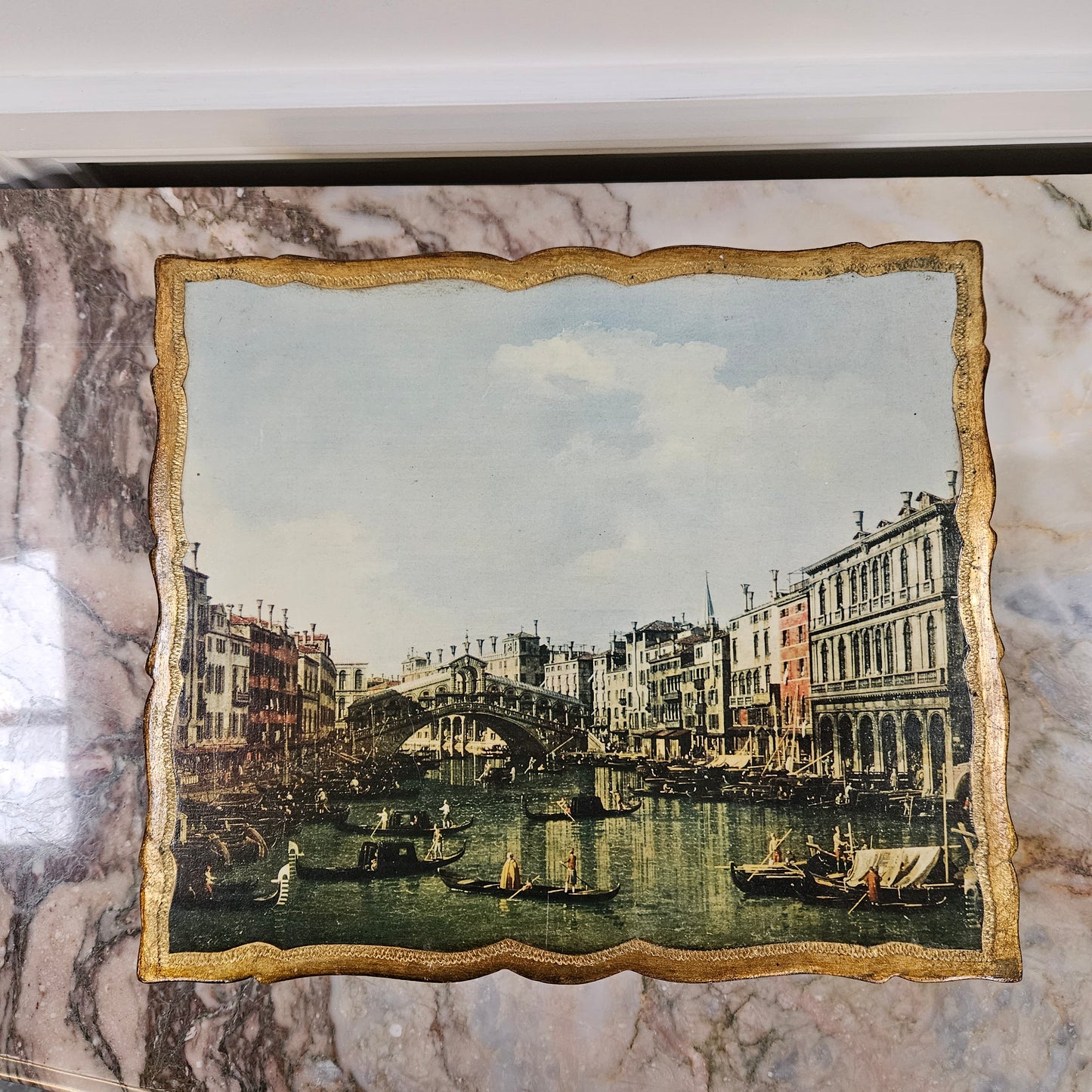 Florentine Gilded Wooden Box Displaying A Scene of Venice.