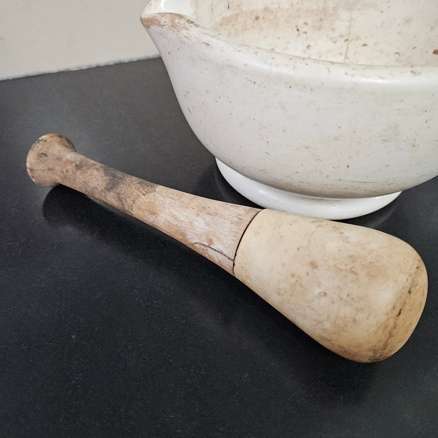 Antique Sheoak/Ceramic Apothecary Mortar and Pestle