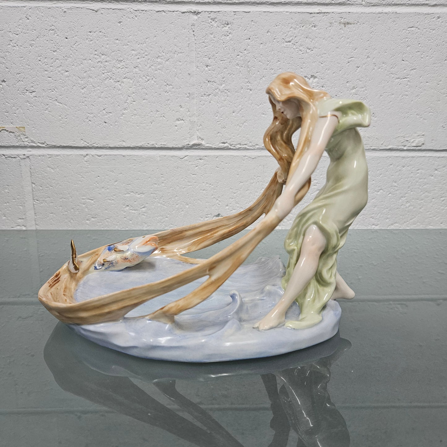 Rare PMP Dresden Plaue Schierholz Porzelain Art Nouveau Lady In Fish Pool