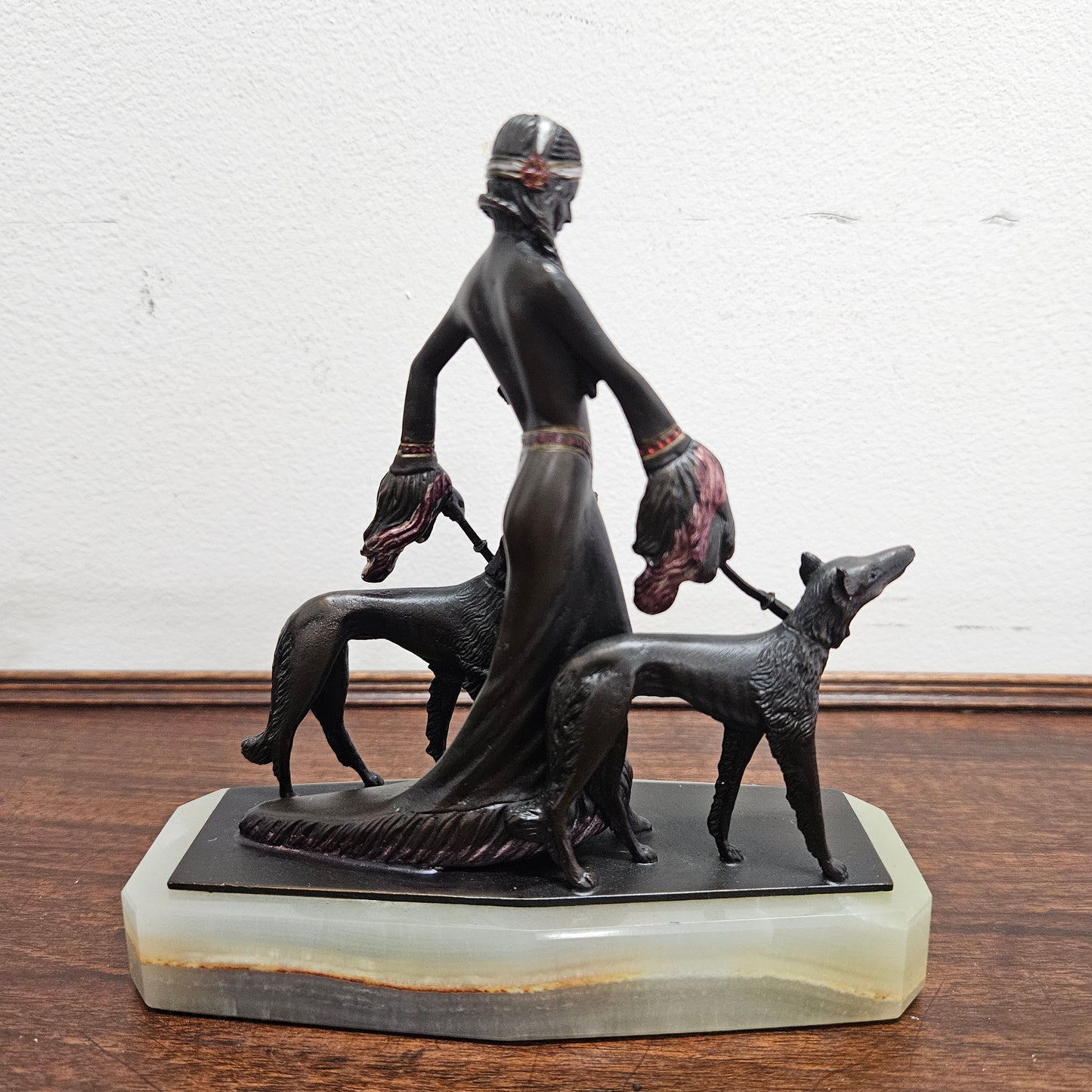 Small Art Deco Bronze Lady With 2 Borzoi Dogs