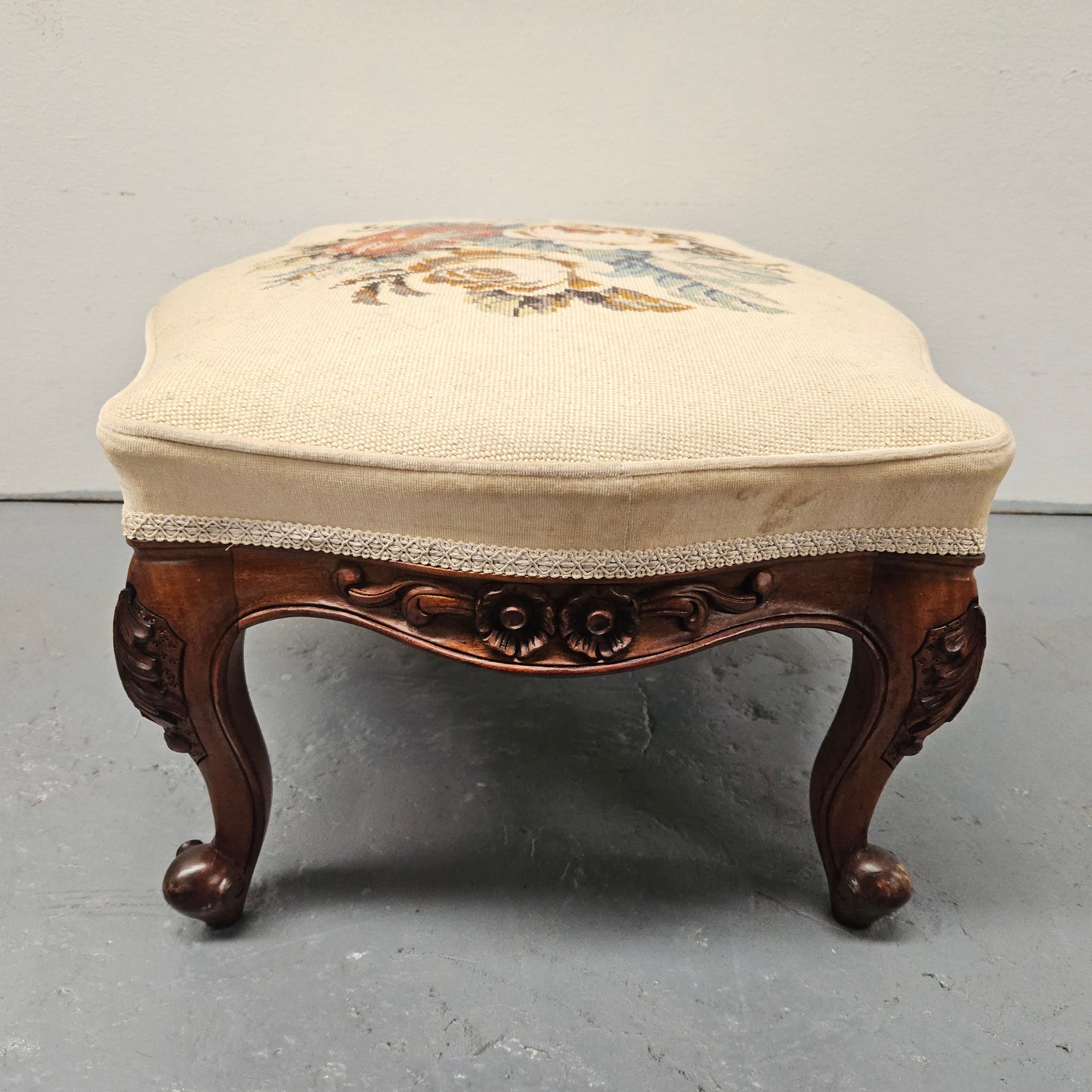 French Mahogany Louis XV Style Footstool With Floral Tapestry