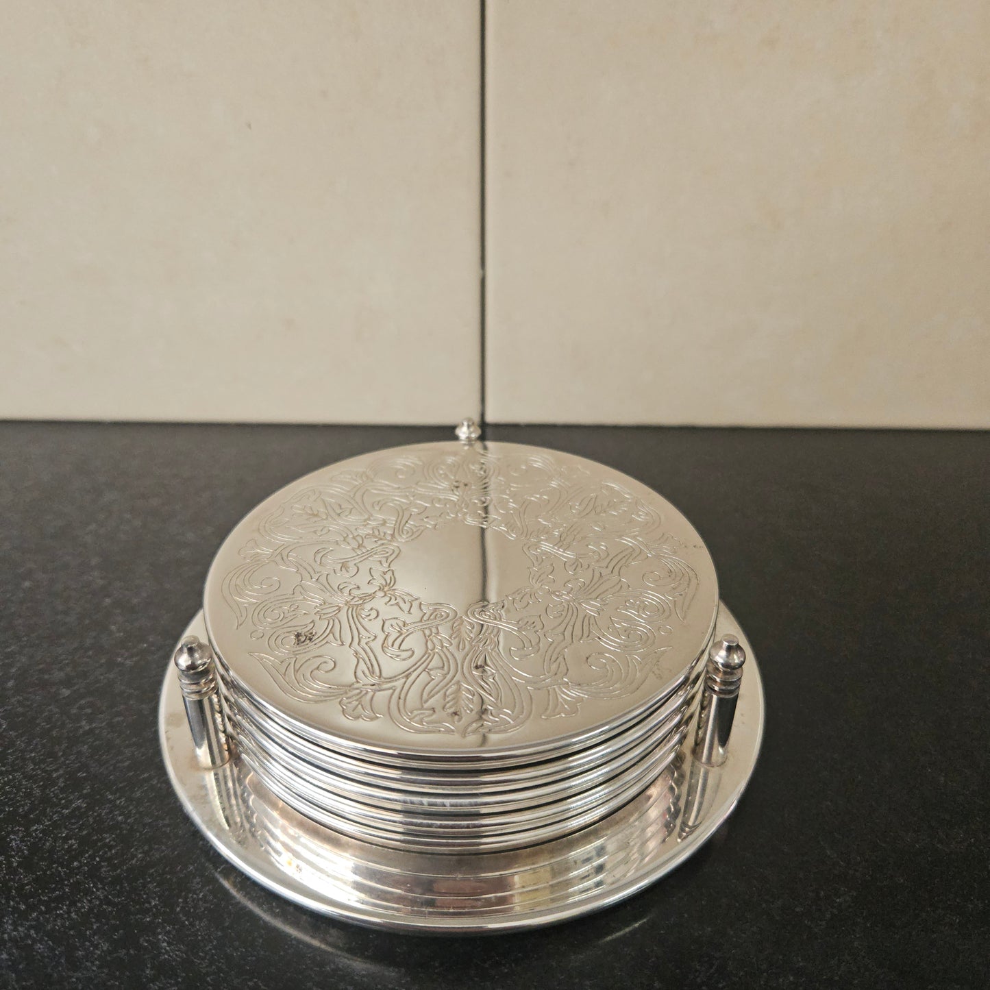 Set of Five Vintage Coasters and Holder