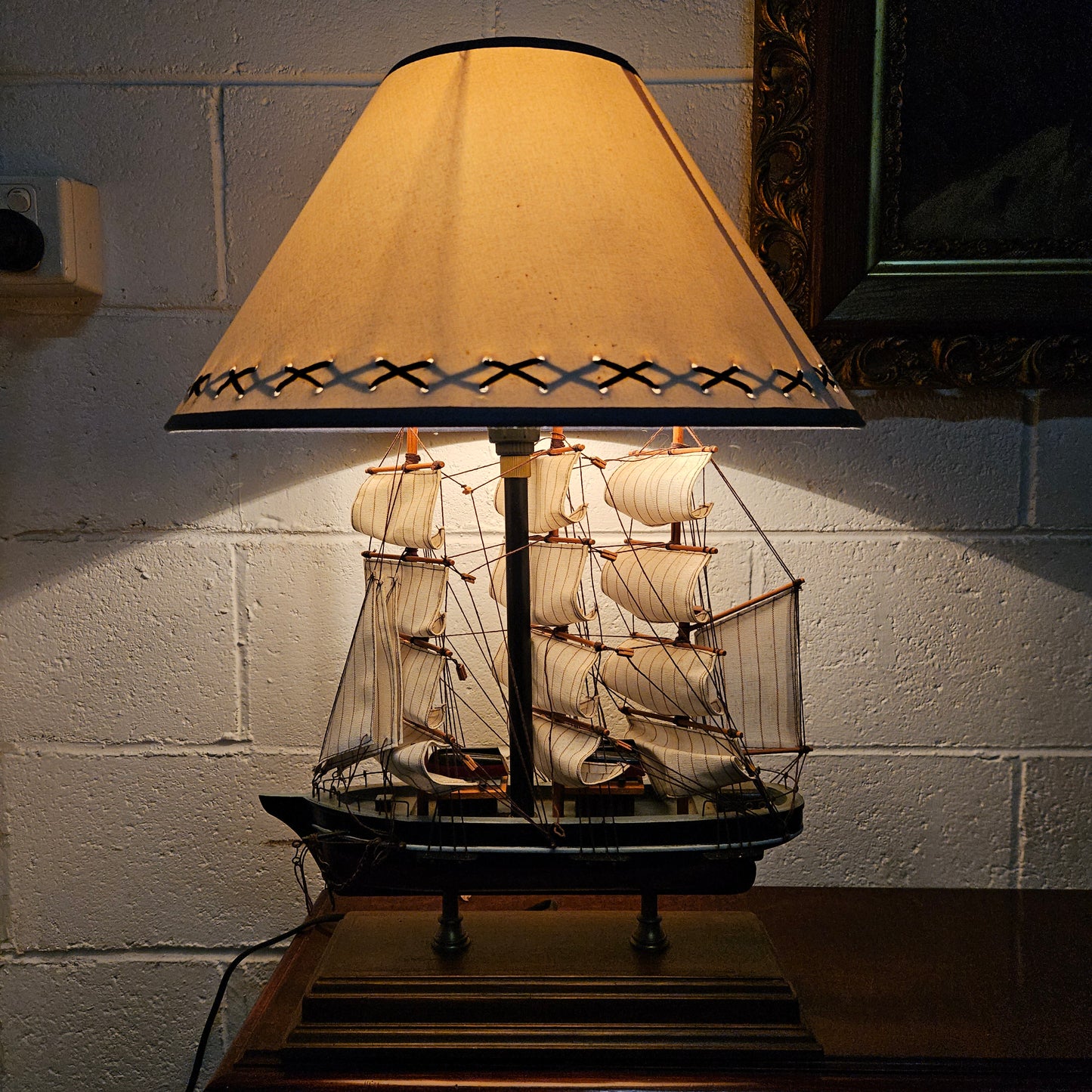 Nautical Sail Ship Table Lamp on Wooden Base