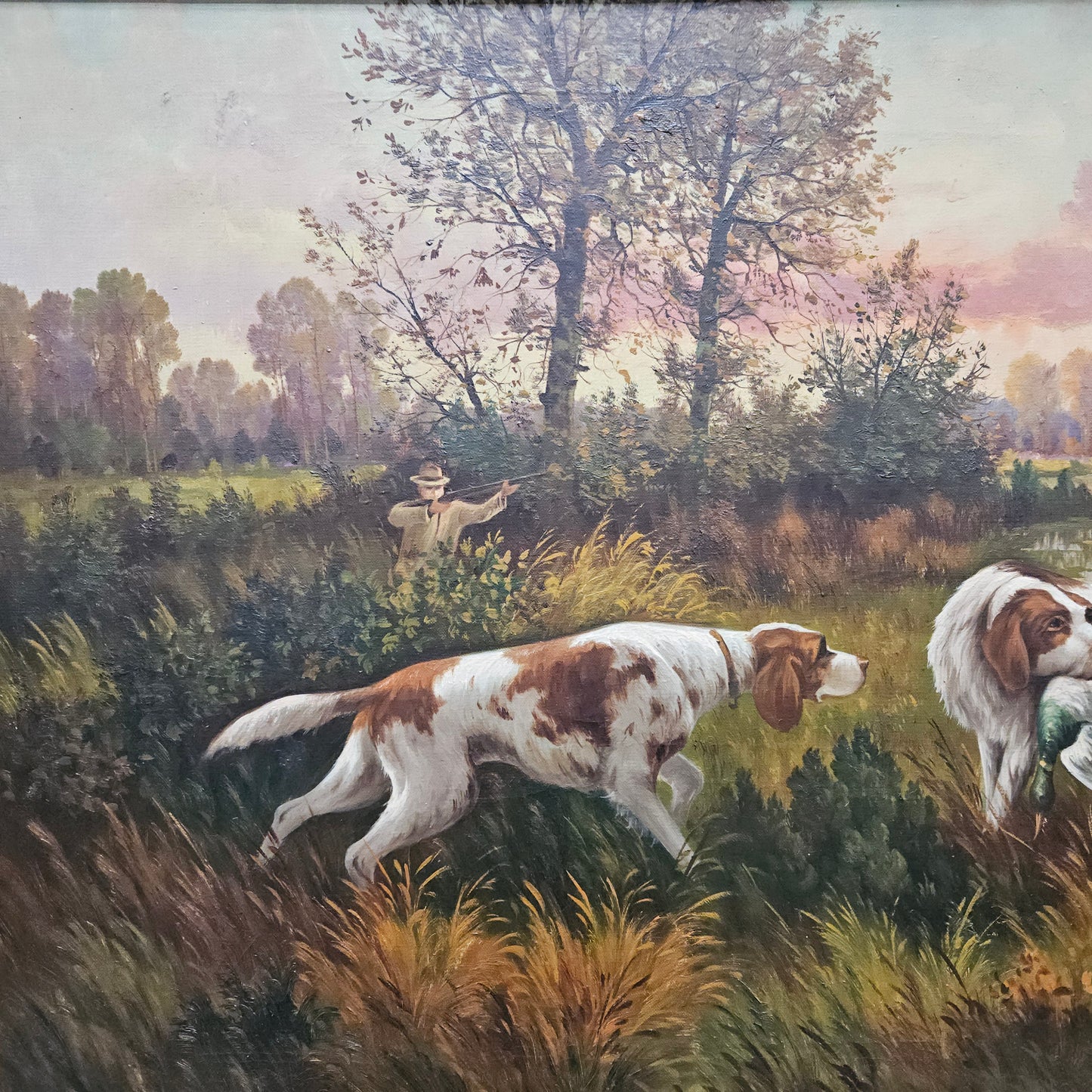 Sourced from France we have a beautiful signed oil on canvas "hunting scene" painting. In a decorative gilt frame and in good original condition. Please see photos as they form part of the description and condition.