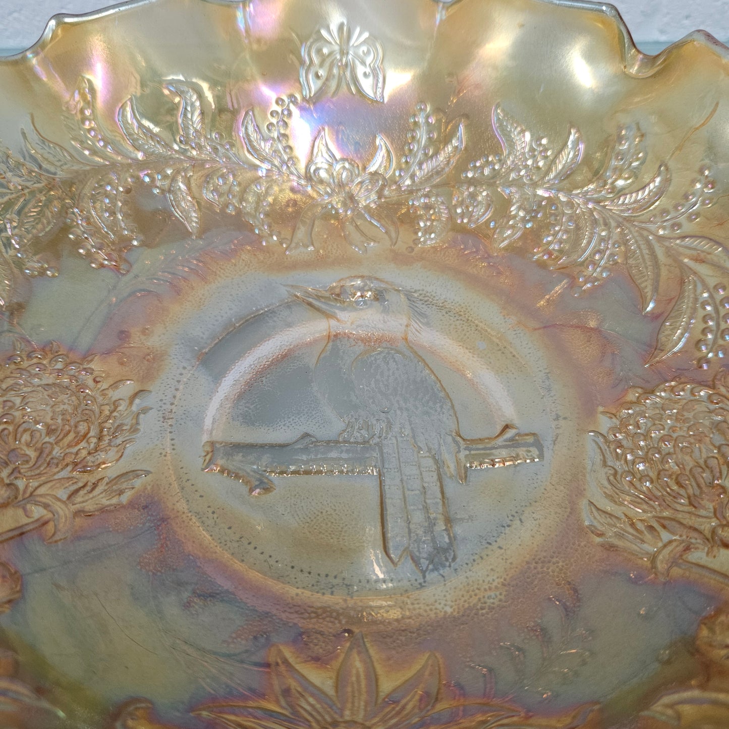 Australian Kookaburra Master Carnival Glass Bowl