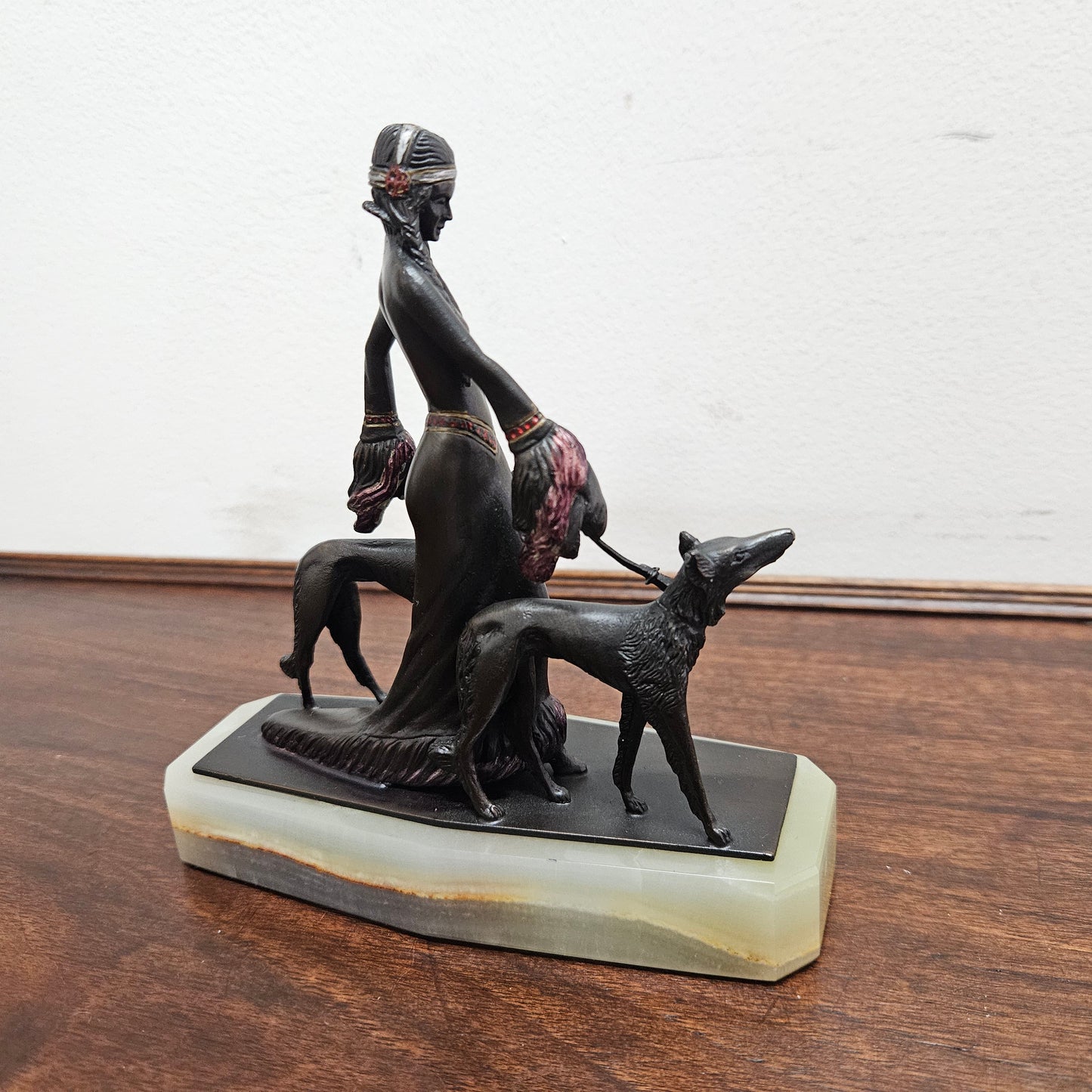 Small Art Deco Bronze Lady With 2 Borzoi Dogs