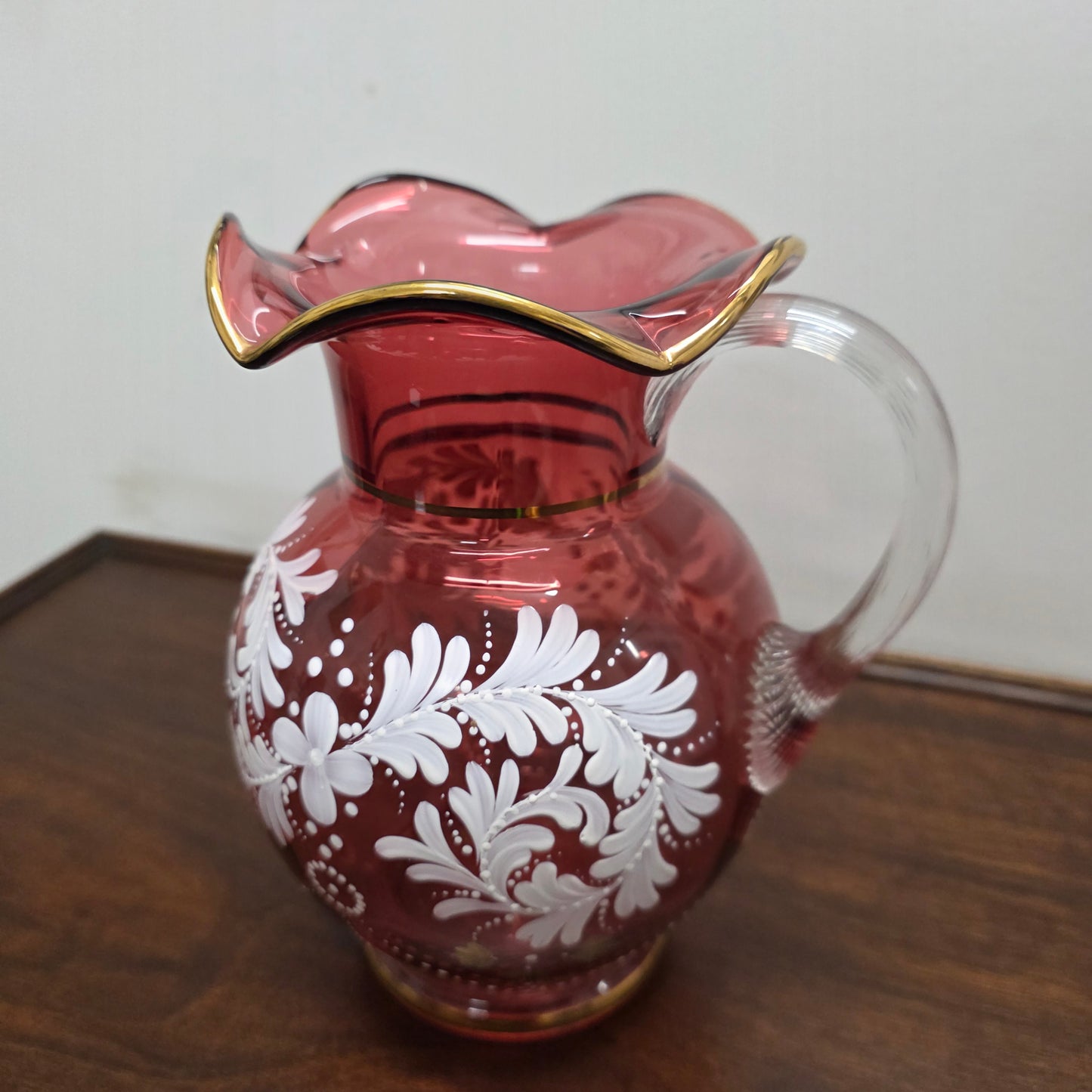 Vintage Ruby & Enamel Painted Glass Jug