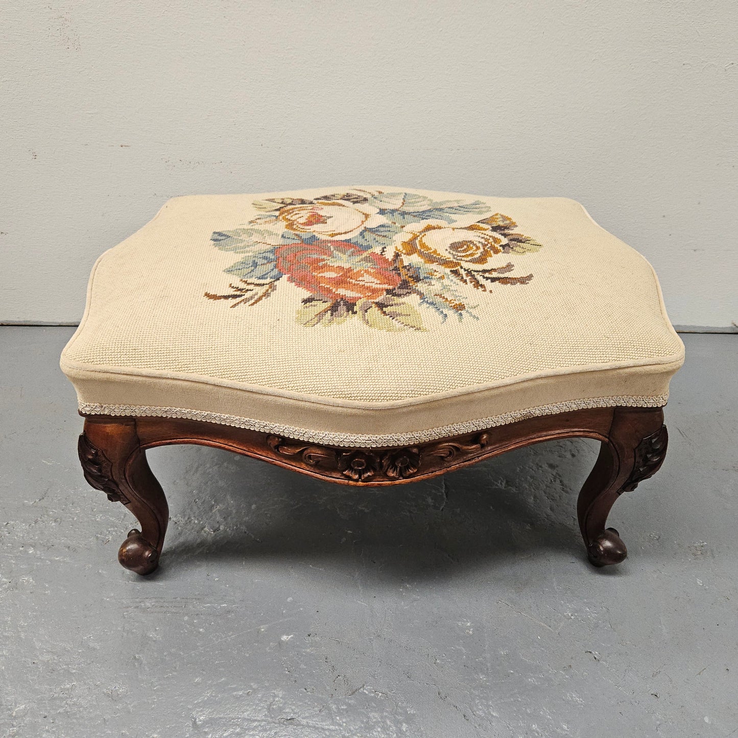 French Mahogany Louis XV Style Footstool With Floral Tapestry