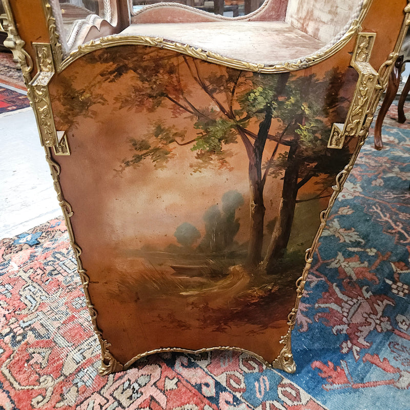 Stunning Rare 19th Century French Salon style vitrine/display cabinet. It has beautifully hand-painted panels and decoration all over with the original two glass shelves inside. It is circa 1900. In very good restored condition.