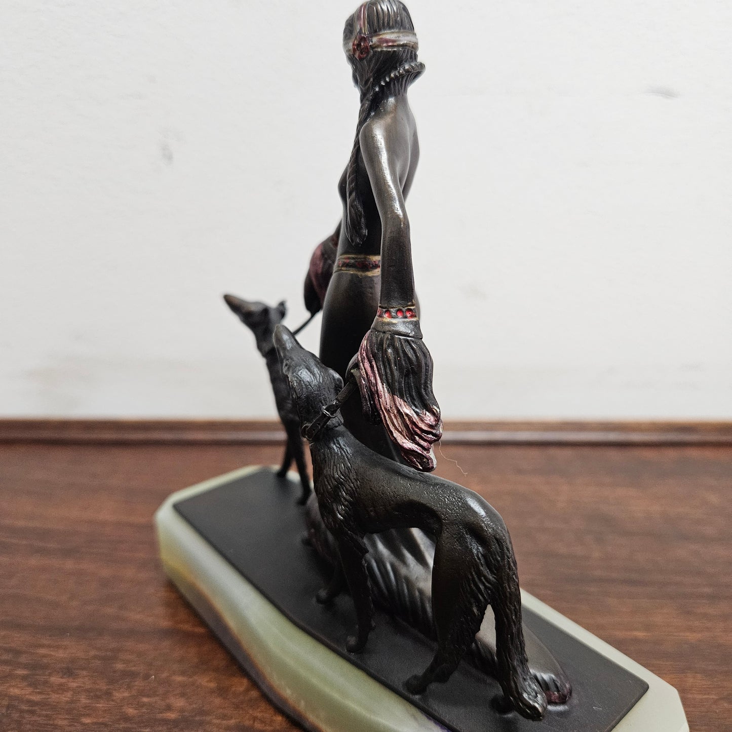 Small Art Deco Bronze Lady With 2 Borzoi Dogs